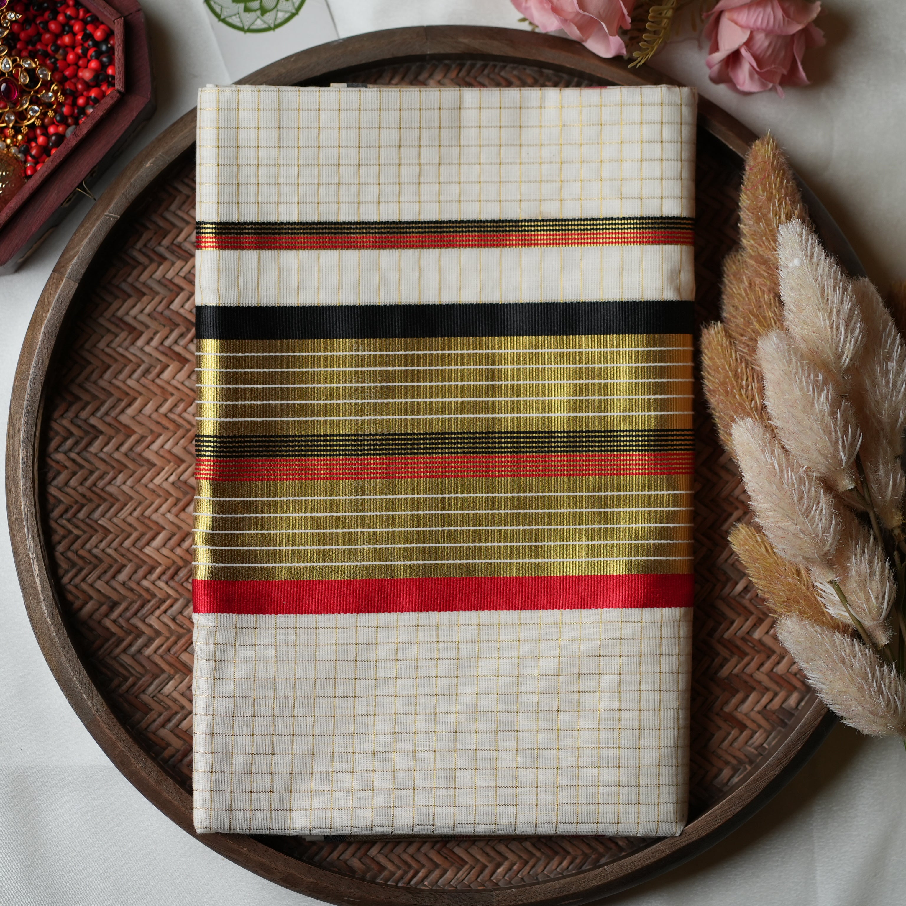Festive multi-Stripe Grandeur: The Premium Pure Cotton Kerala Saree 🏮