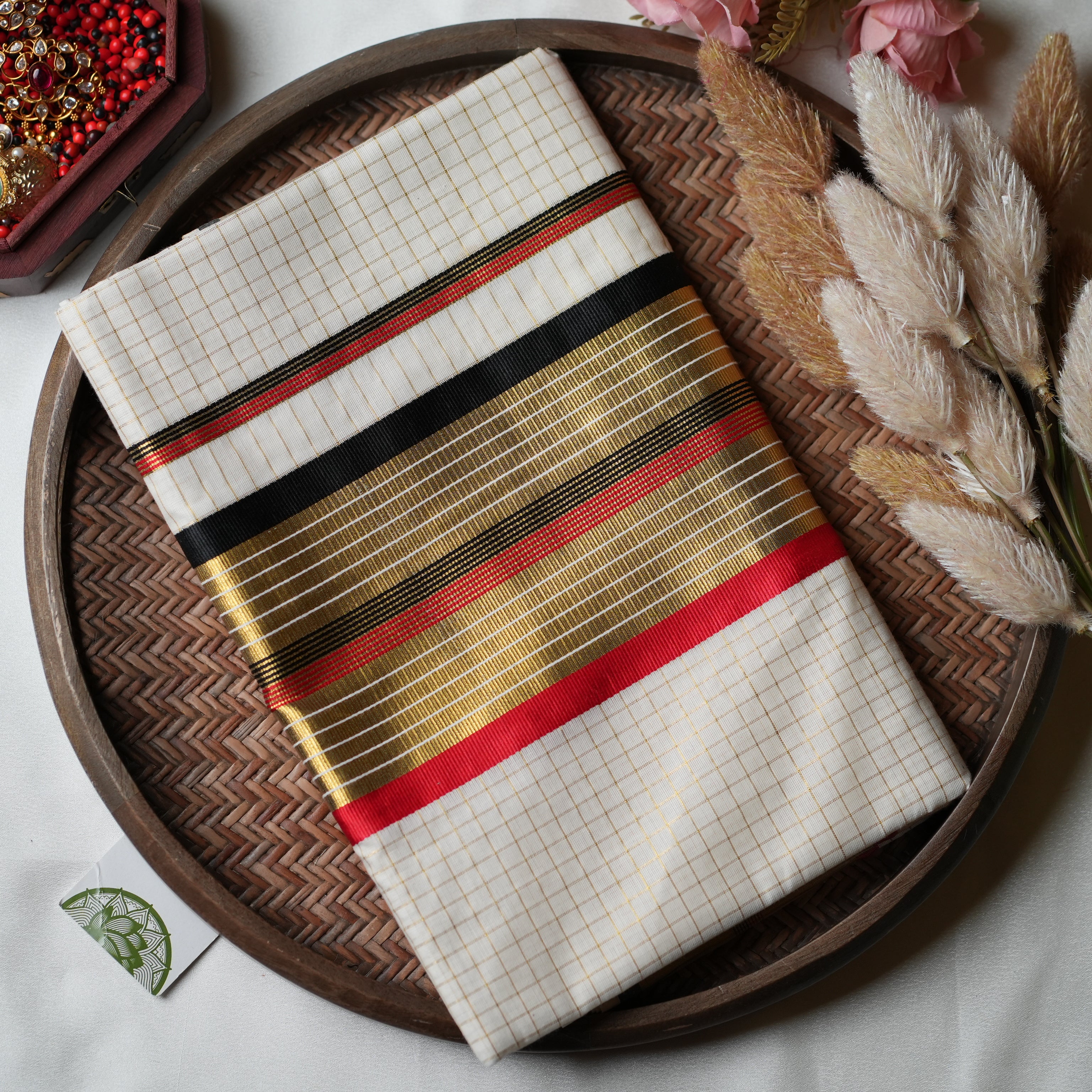 Festive multi-Stripe Grandeur: The Premium Pure Cotton Kerala Saree 🏮