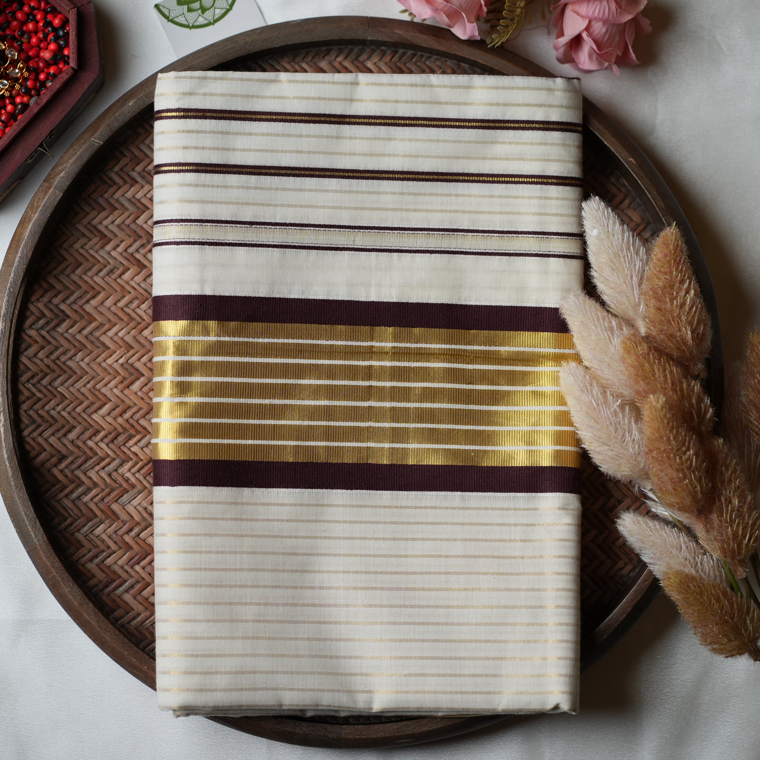 ☕ Espresso & Golden Stripes: The Premium Pure Cotton Kerala Saree ☕