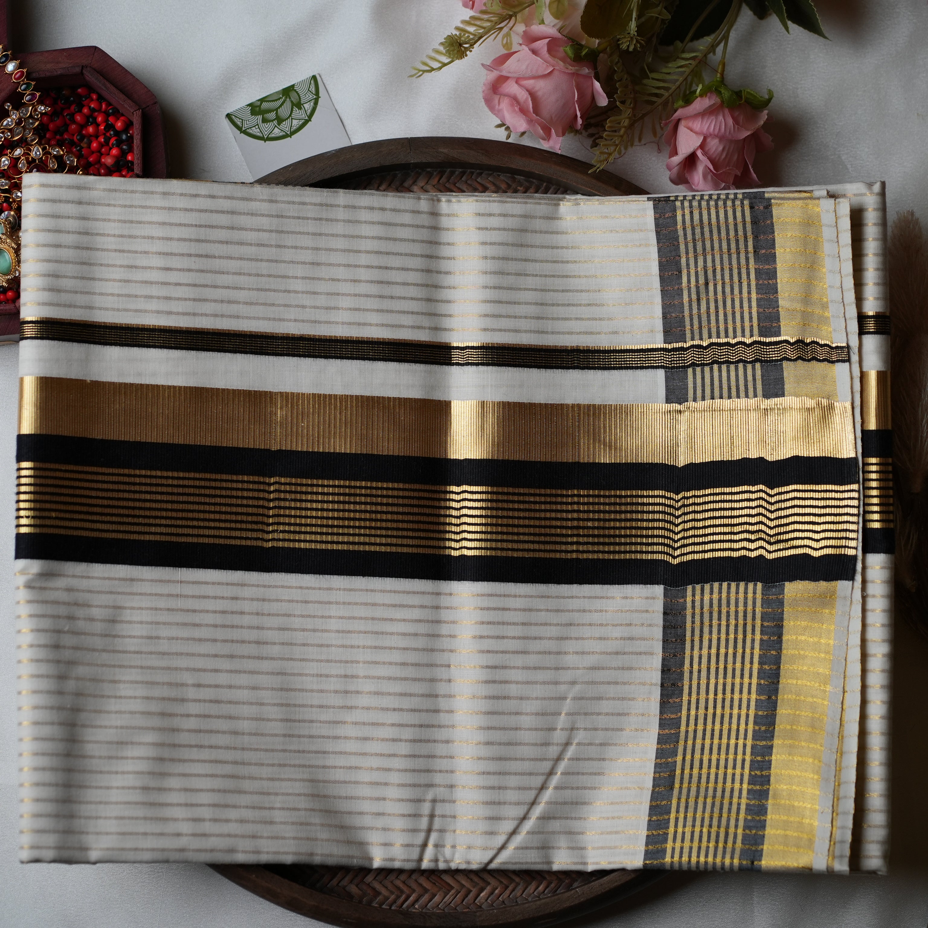 Midnight & Gold Stripes: The Premium Pure Cotton Kerala Saree 🖤