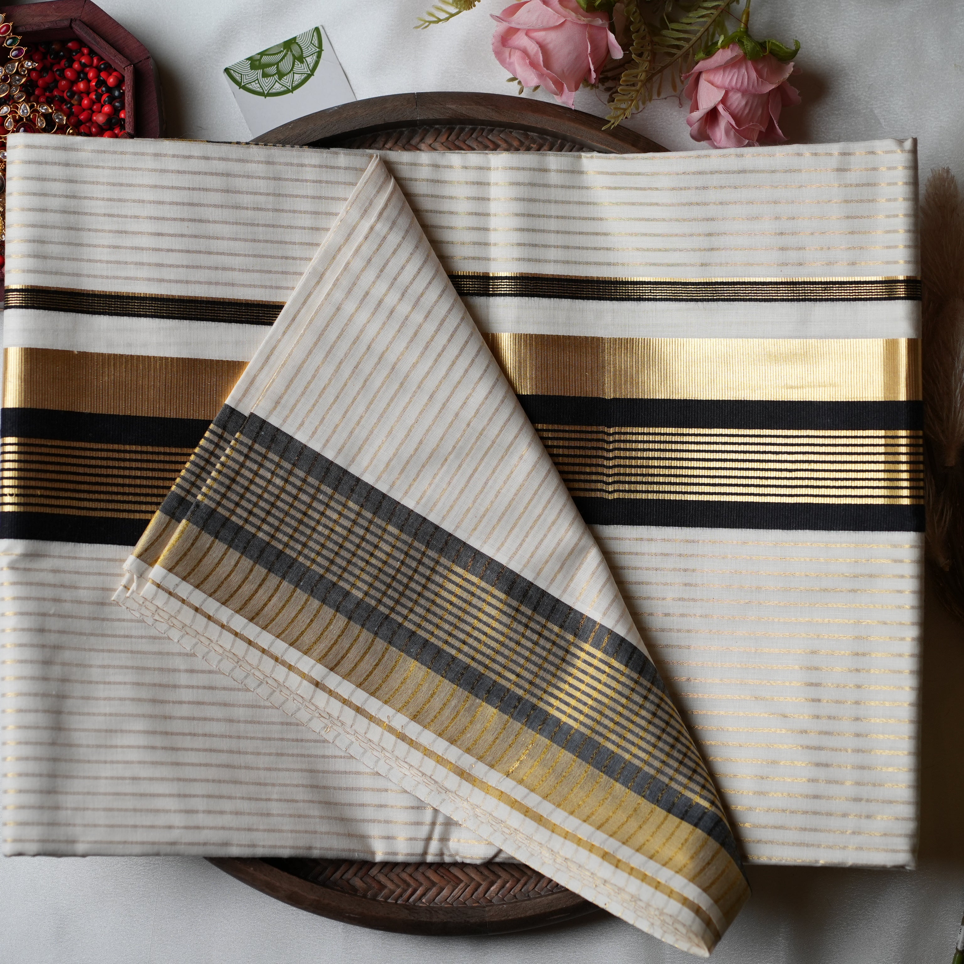 Midnight & Gold Stripes: The Premium Pure Cotton Kerala Saree 🖤