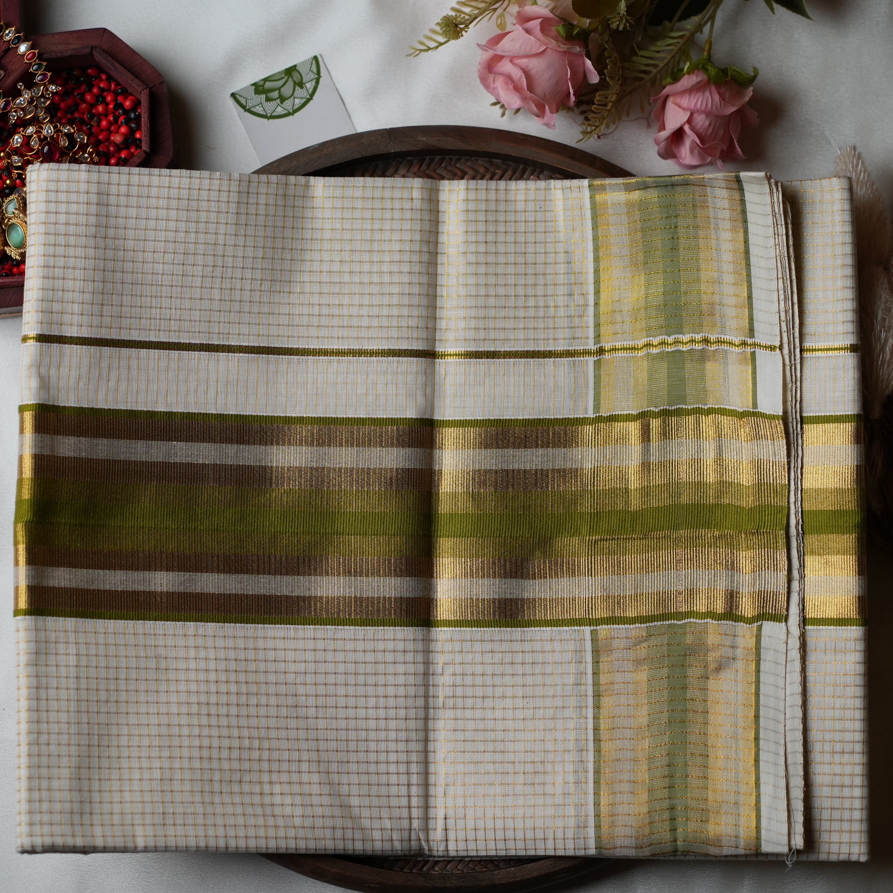 🫒 Sophisticated Olive & Golden Grid: The Premium Pure Cotton Kerala Saree 🫒