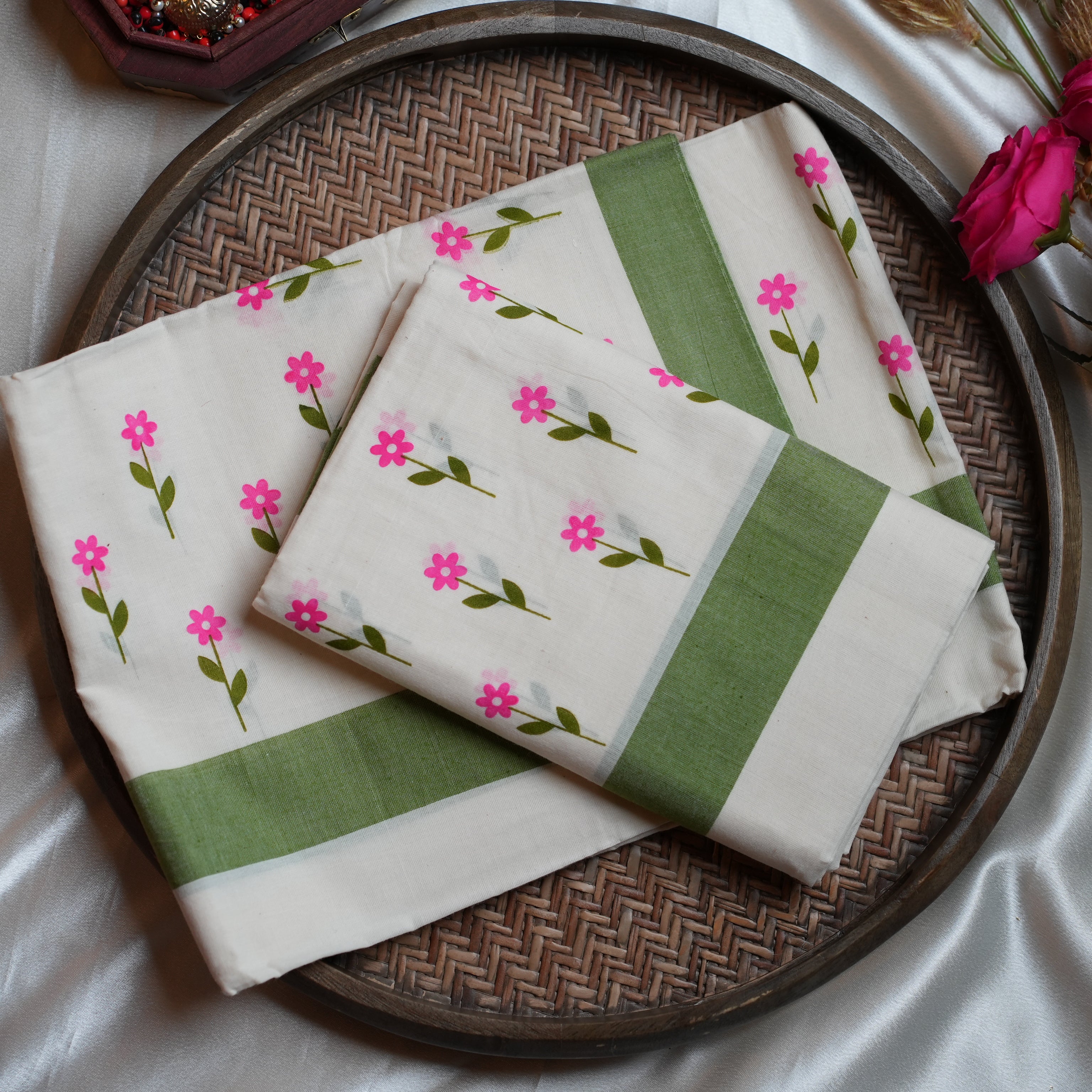 🌸 Fresh Floral Sprigs & Sage Green Cotton Kerala Single Set Mundu 🌿
