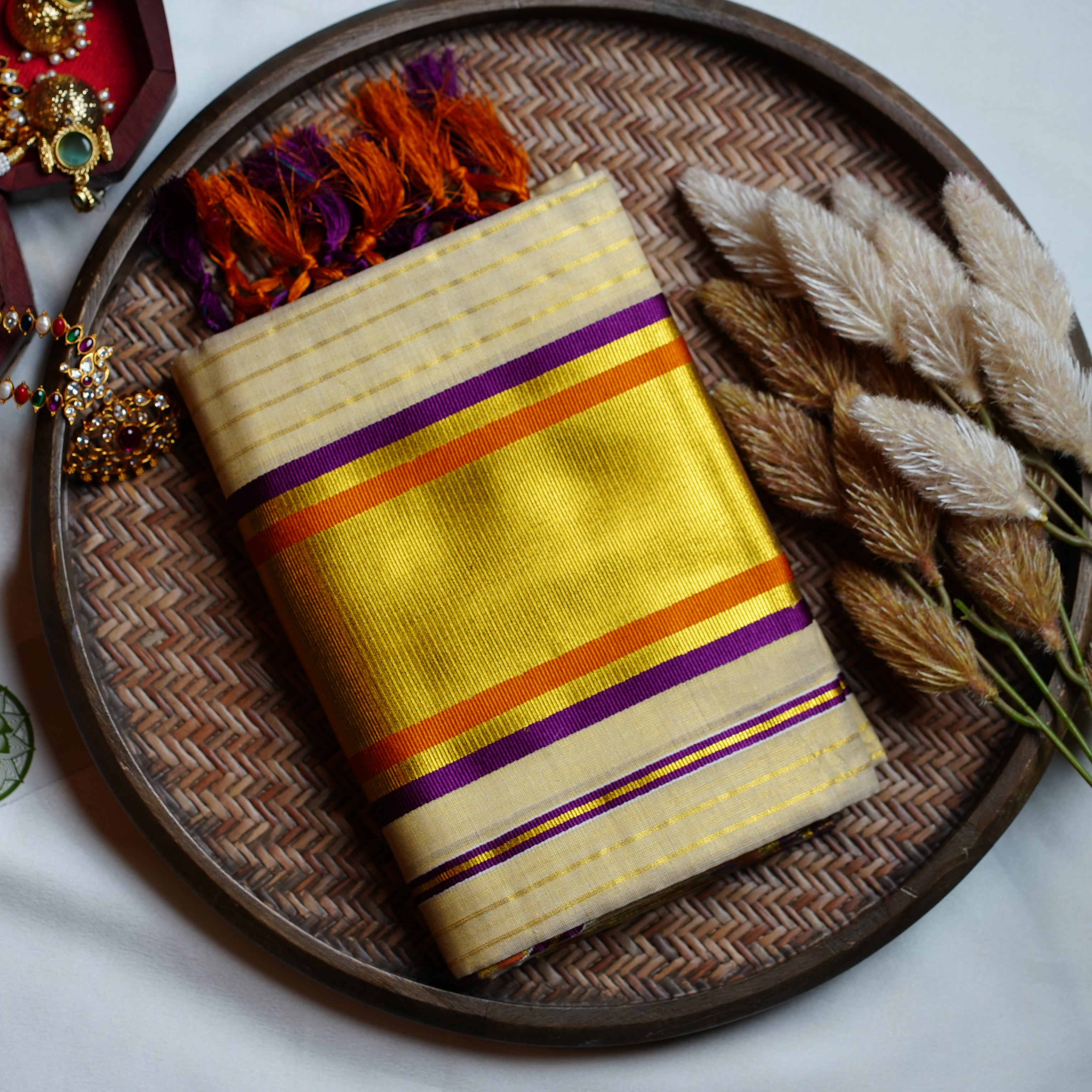 💜 Vibrant Violet & Sunset Orange: The Premium Tissue Kerala Set Mundu 🧡