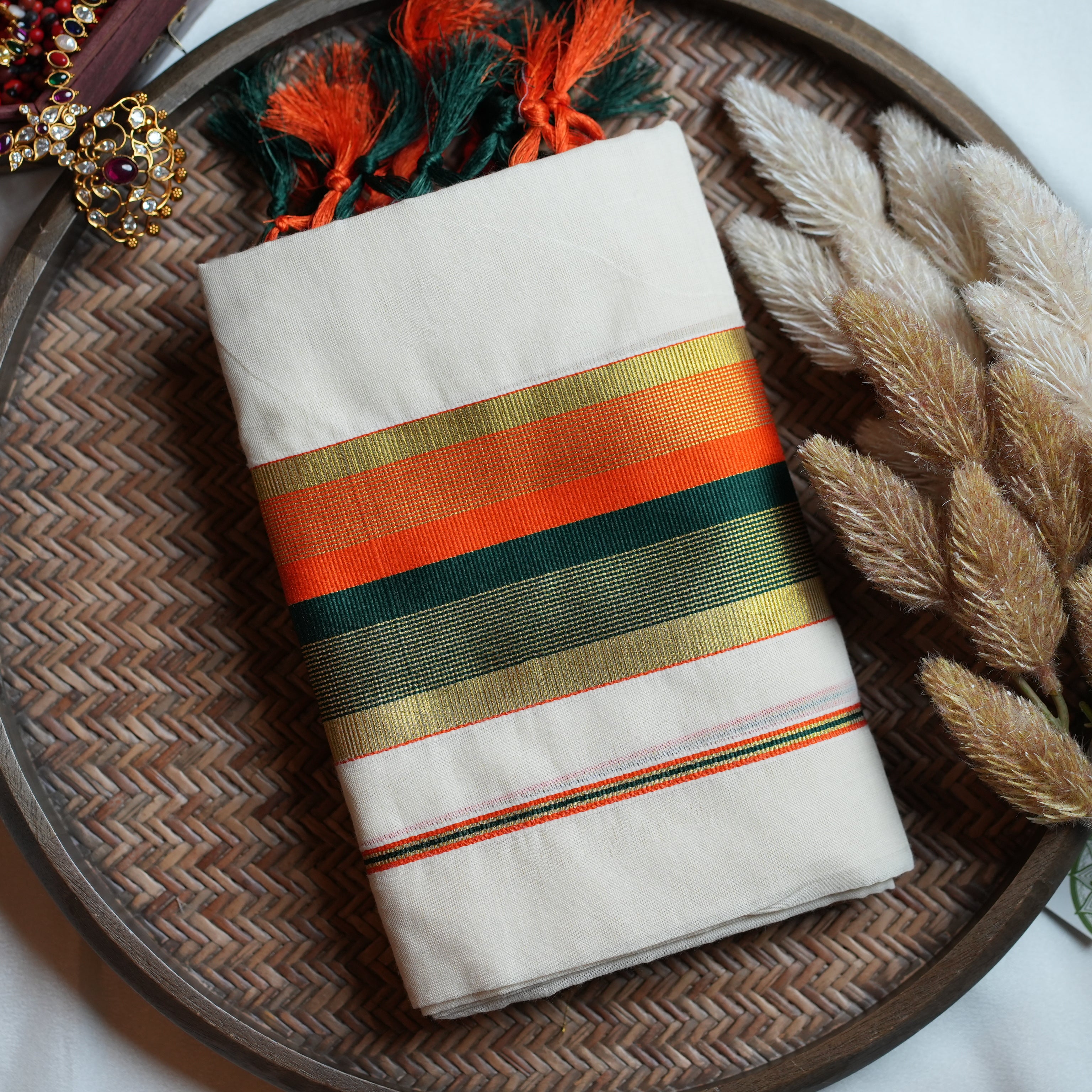 🍊 Vibrant Orange & Deep Forest Green Cotton Kerala Single Set Mundu 🌿