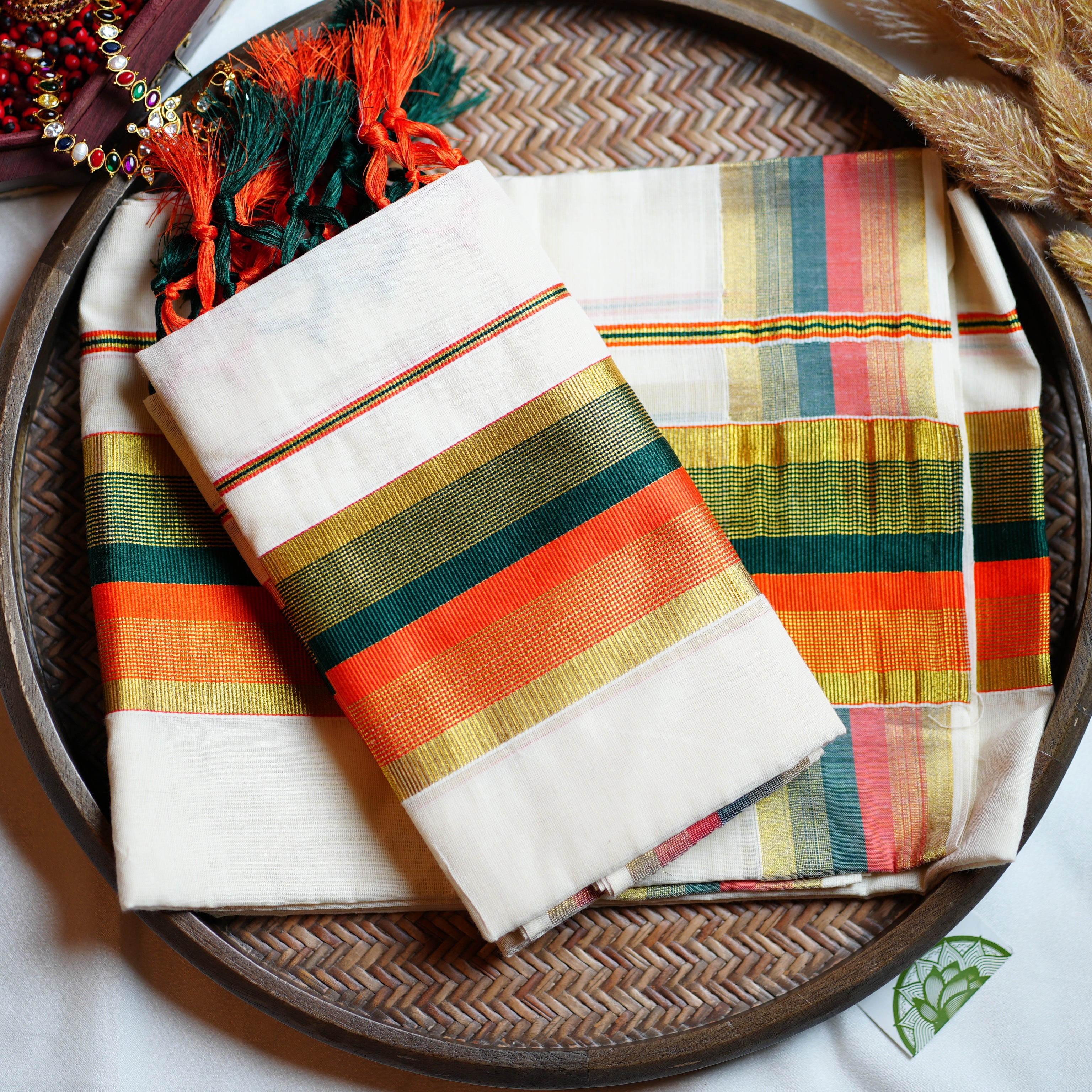 🍊 Vibrant Orange & Deep Forest Green Cotton Kerala Single Set Mundu 🌿