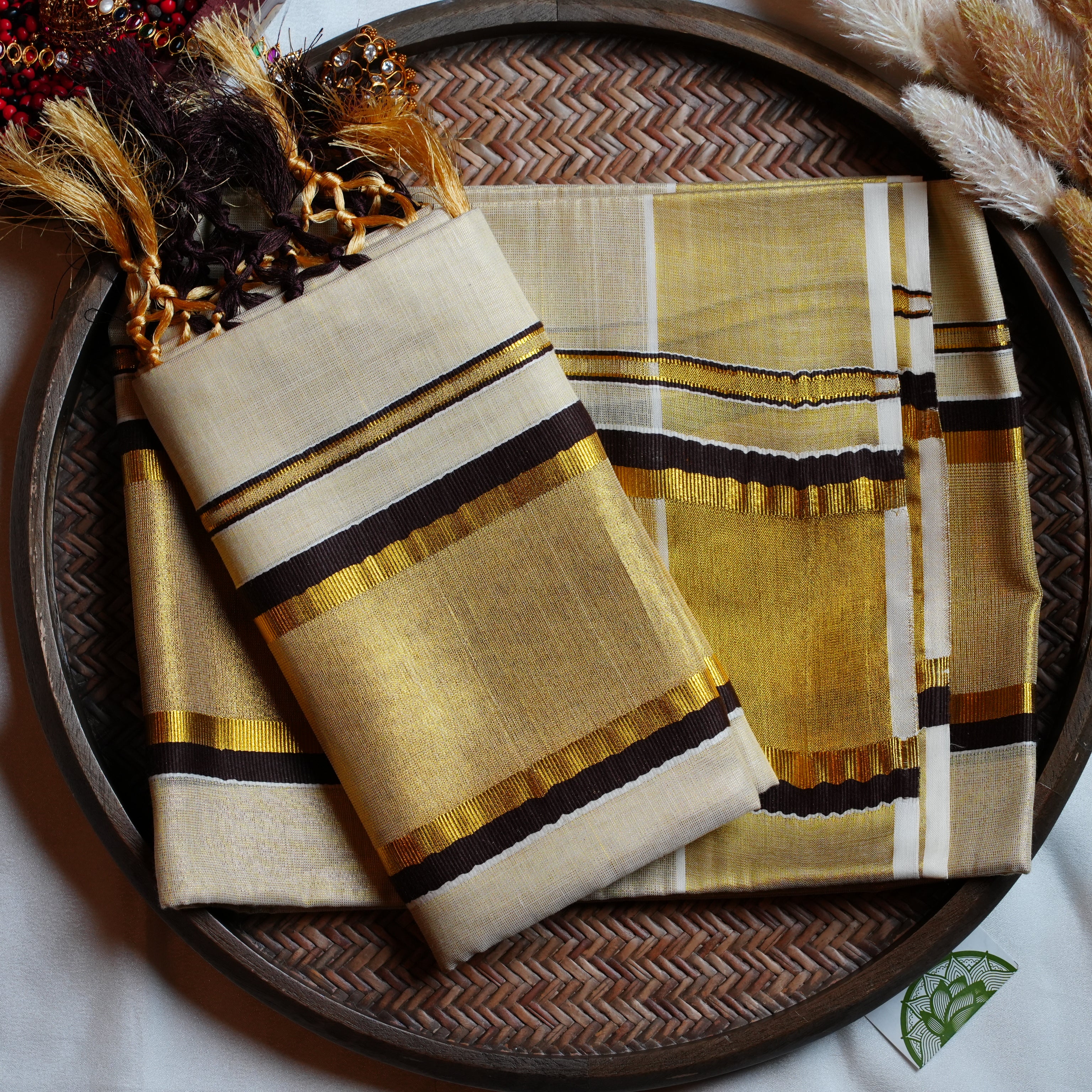 🌰 Sophisticated Coffee Brown & Gold Cotton Kerala Single Set Mundu ✨
