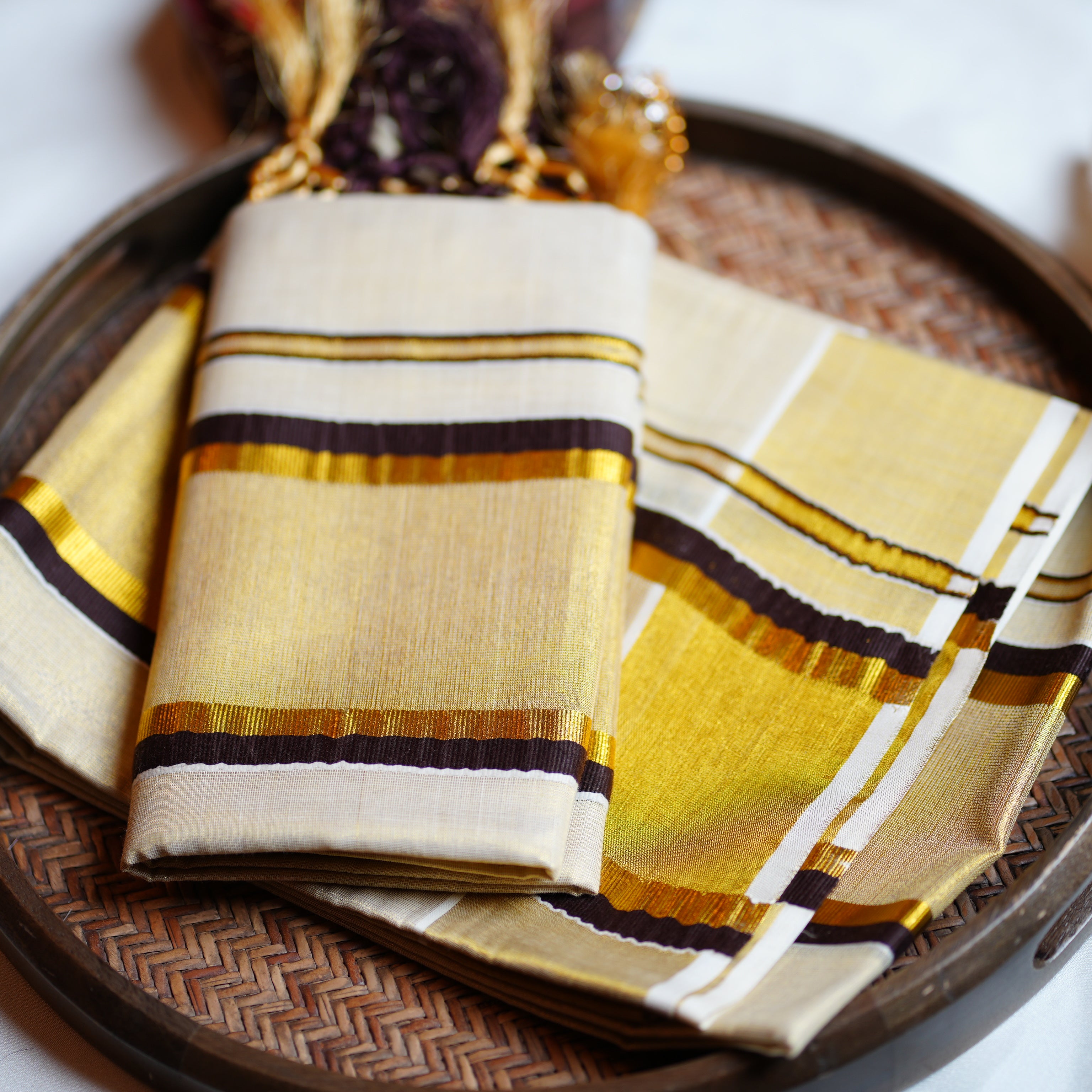 🌰 Sophisticated Coffee Brown & Gold Cotton Kerala Single Set Mundu ✨