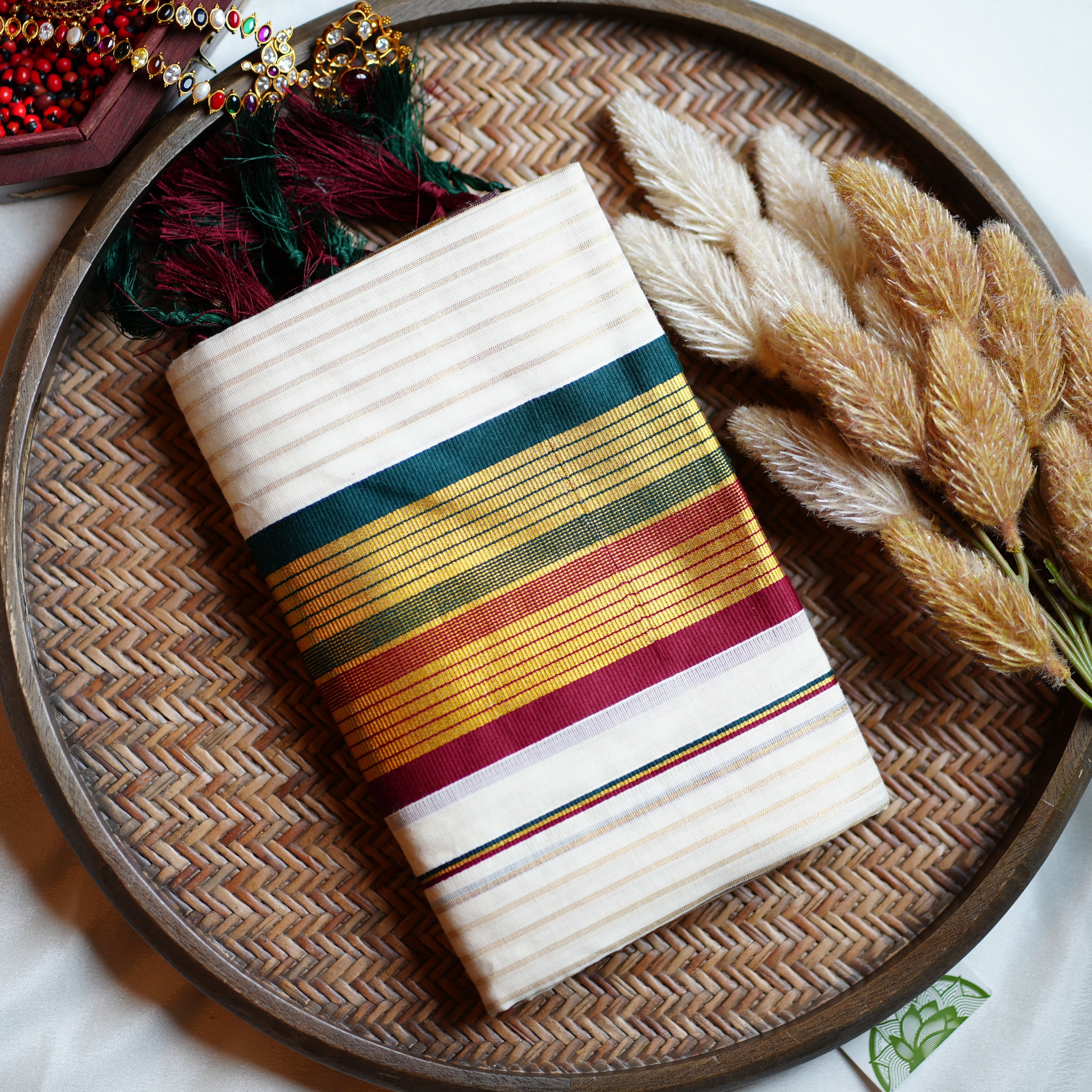 🍷 Festive Maroon & Bottle Green Stripes Cotton Kerala Set Mundu 🌲