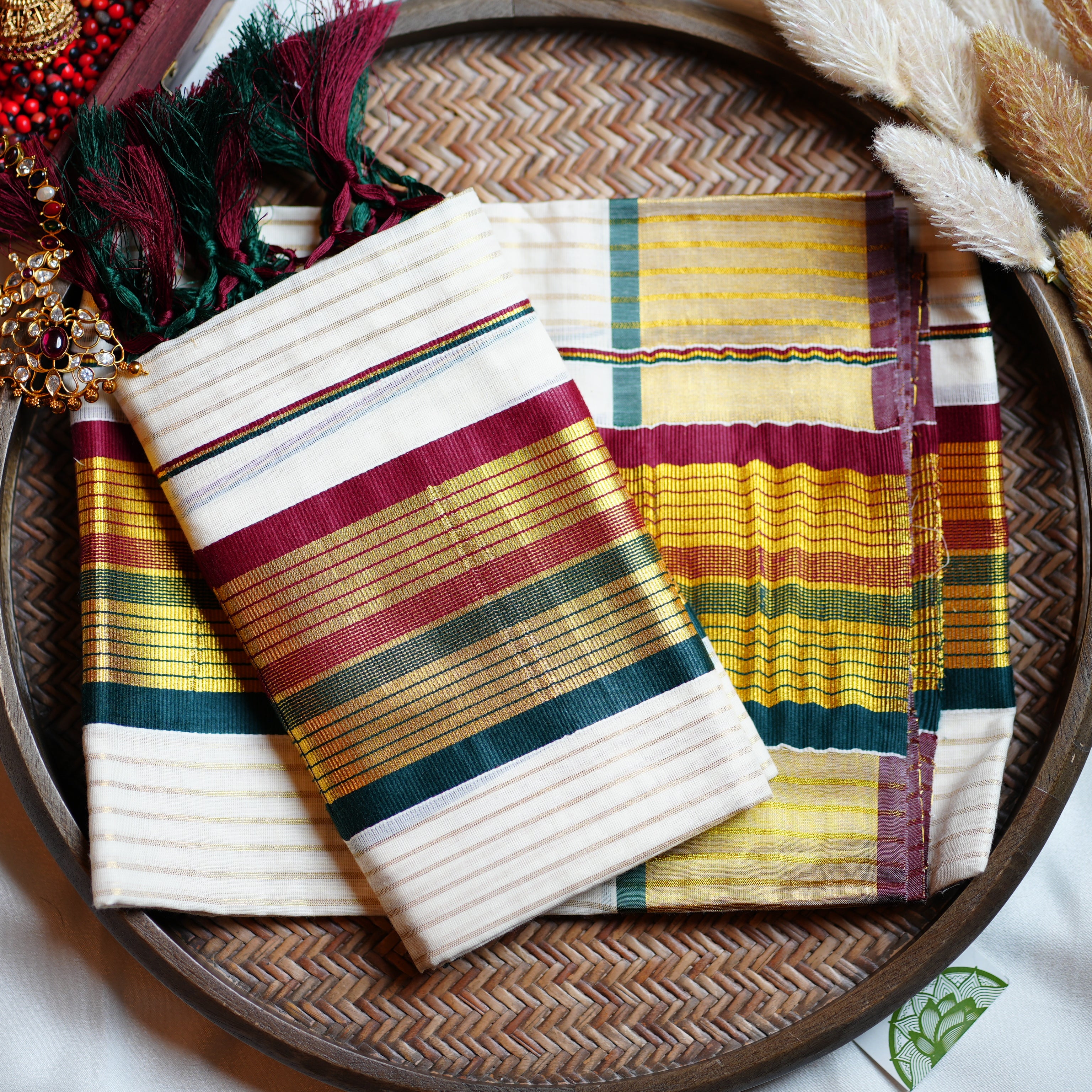 🍷 Festive Maroon & Bottle Green Stripes Cotton Kerala Set Mundu 🌲