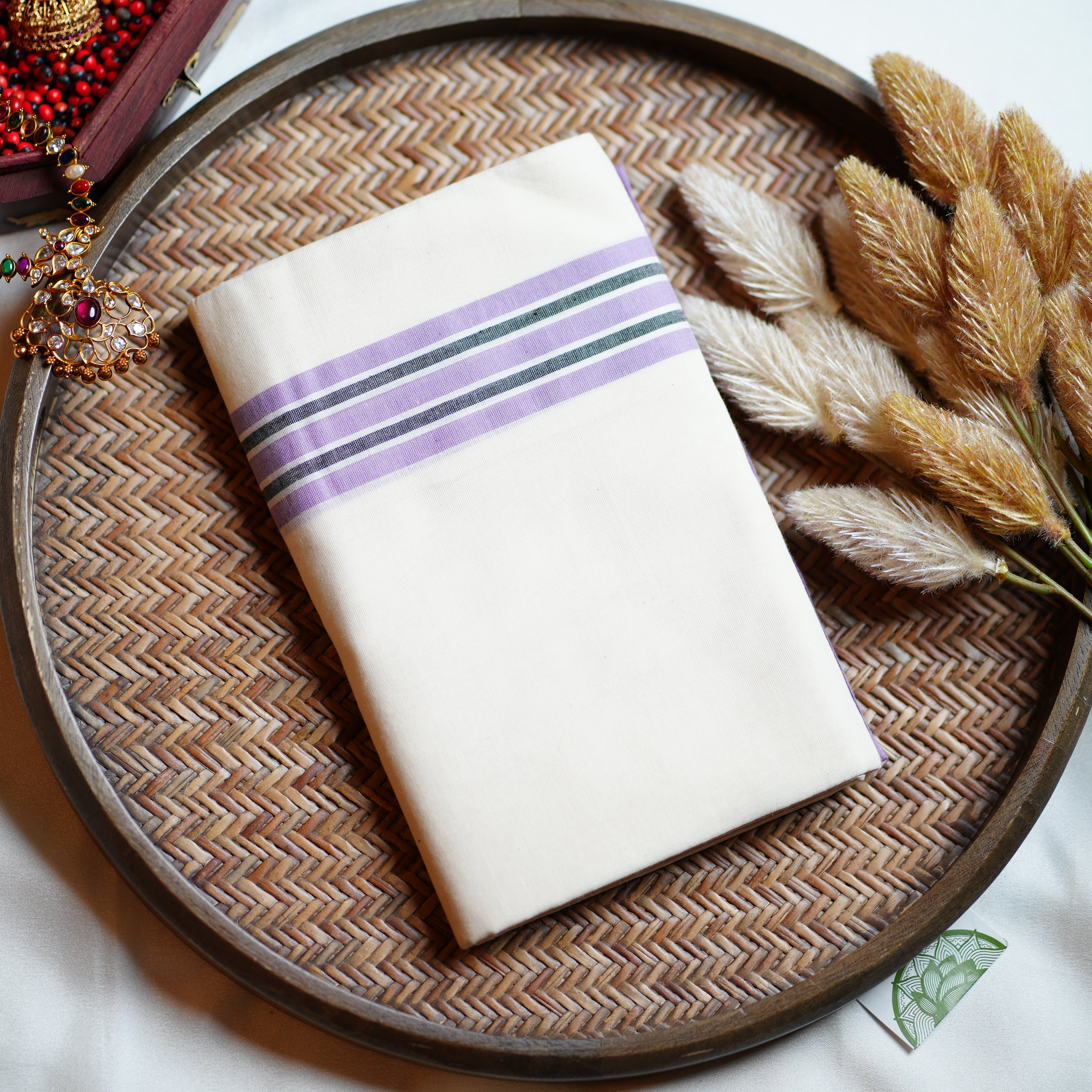 🪻 Pastel Lavender & Charcoal Stripes: The Cotton Mulloth Kerala Set Mundu 🪻
