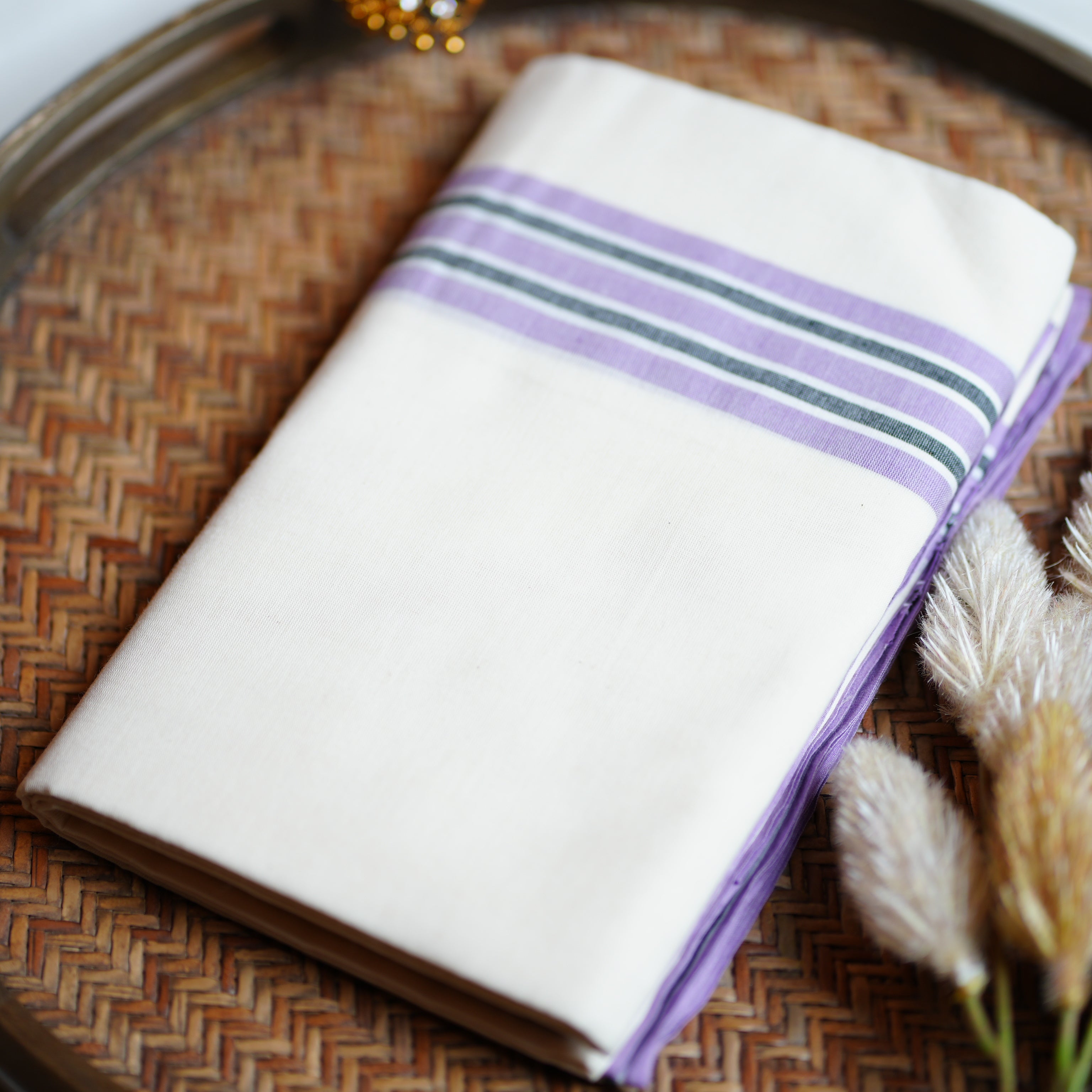 🪻 Pastel Lavender & Charcoal Stripes: The Cotton Mulloth Kerala Set Mundu 🪻