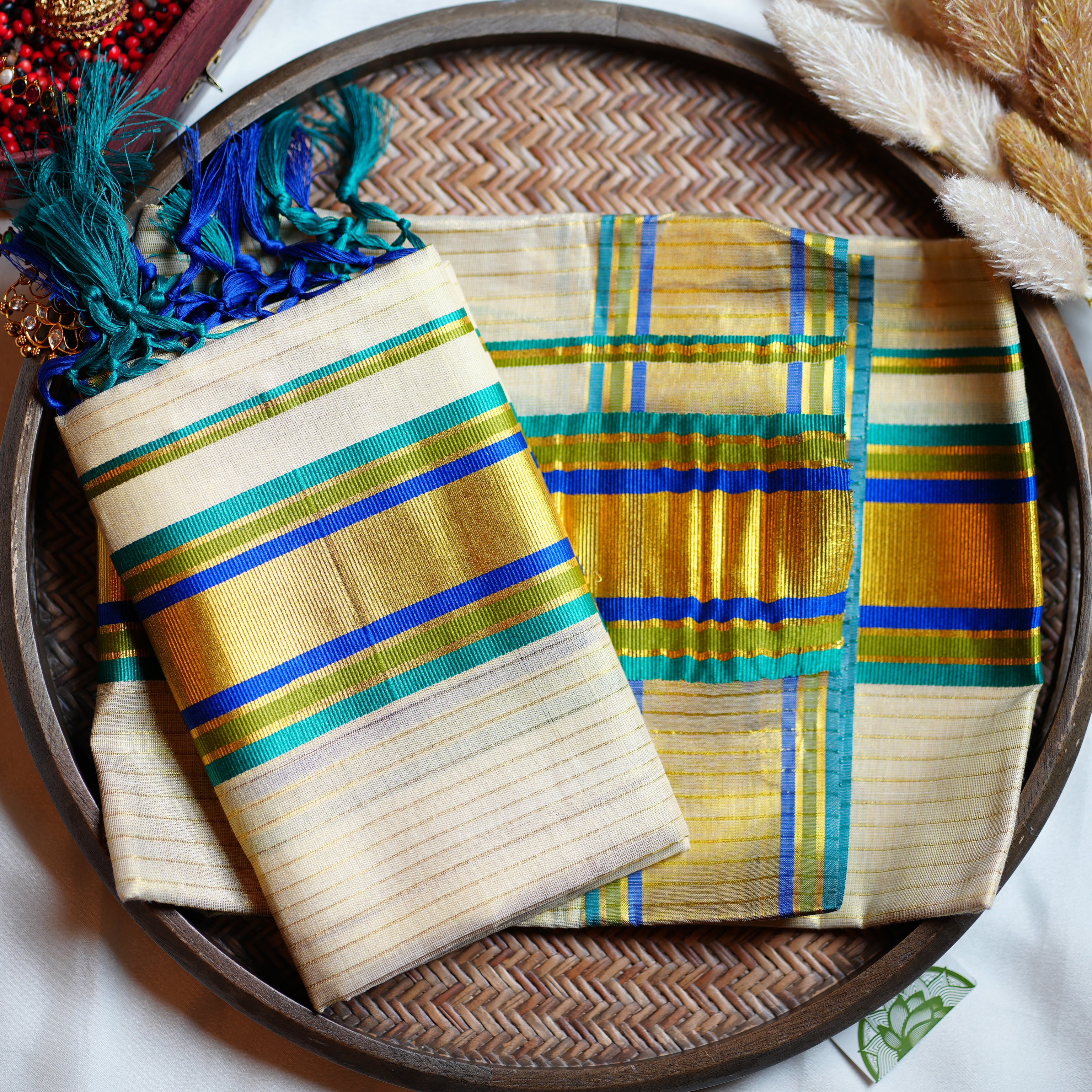 💙 Ocean Peacock & Shimmering Gold Tissue Kerala Set Mundu 💚