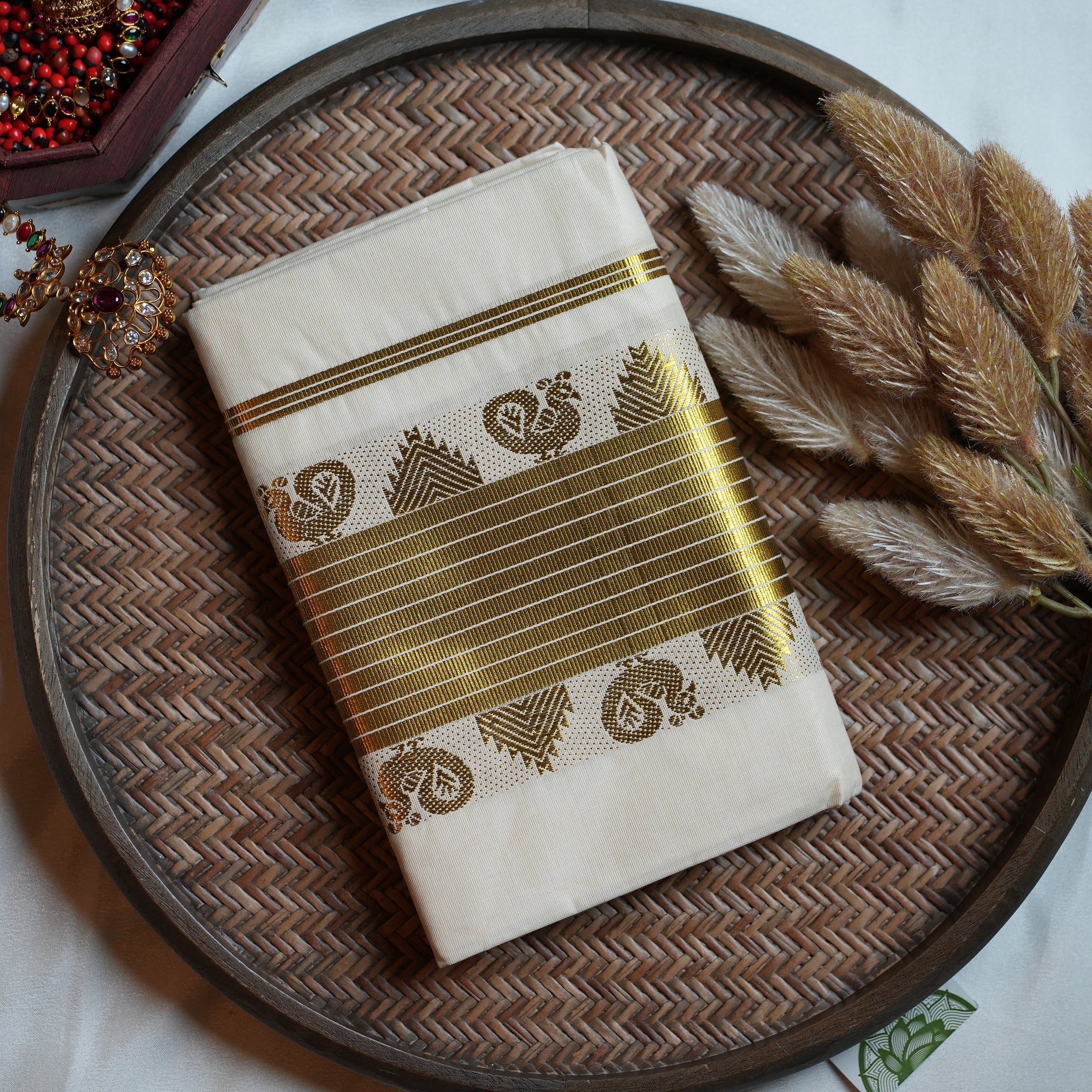 🦚 Golden Peacock Motifs & Textured Kasavu Premium Cotton Kerala Single Set Mundu ✨