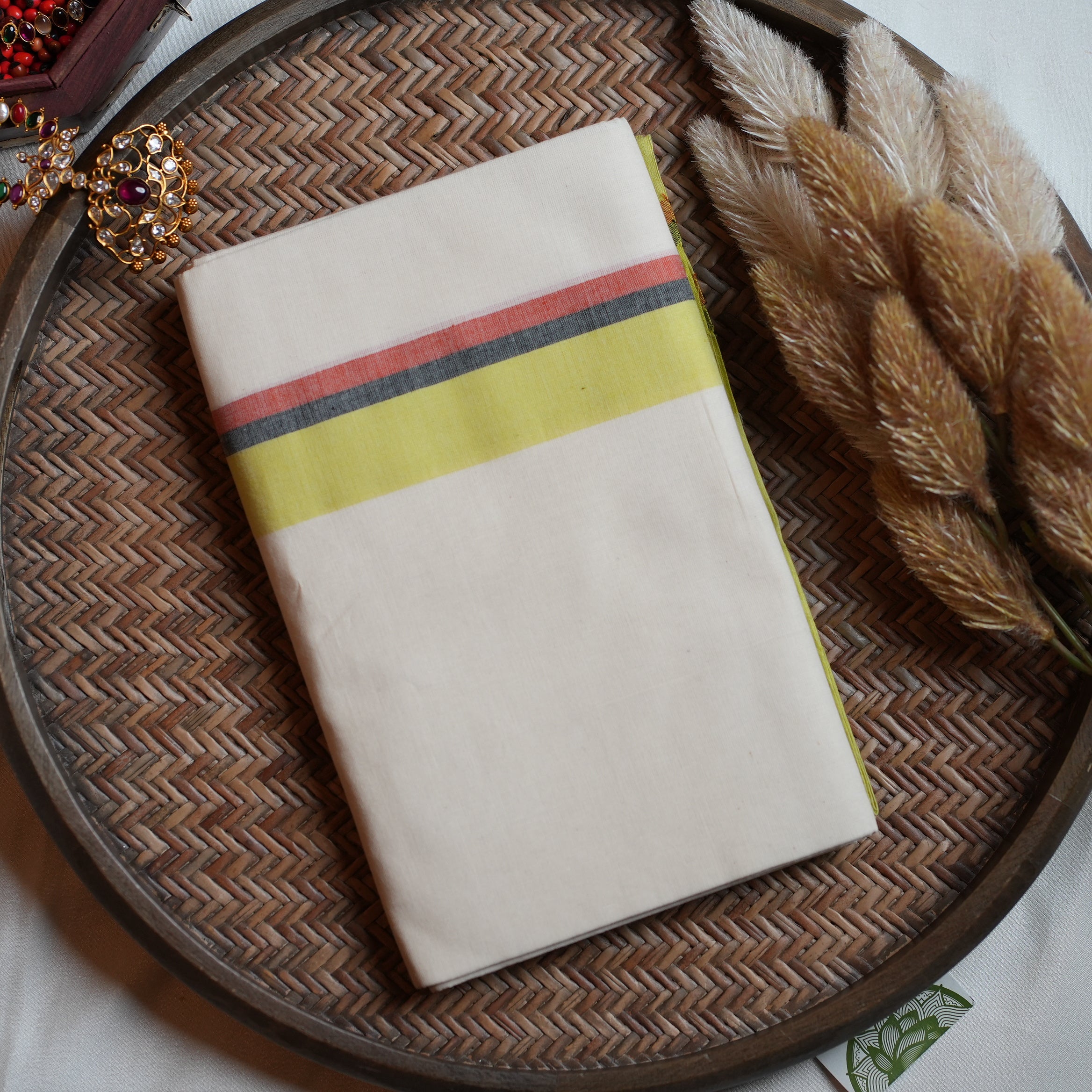 🍋 Lime Accent & Classic Stripes: The Cotton Kerala Set Mundu with Mulloth Design 🍋