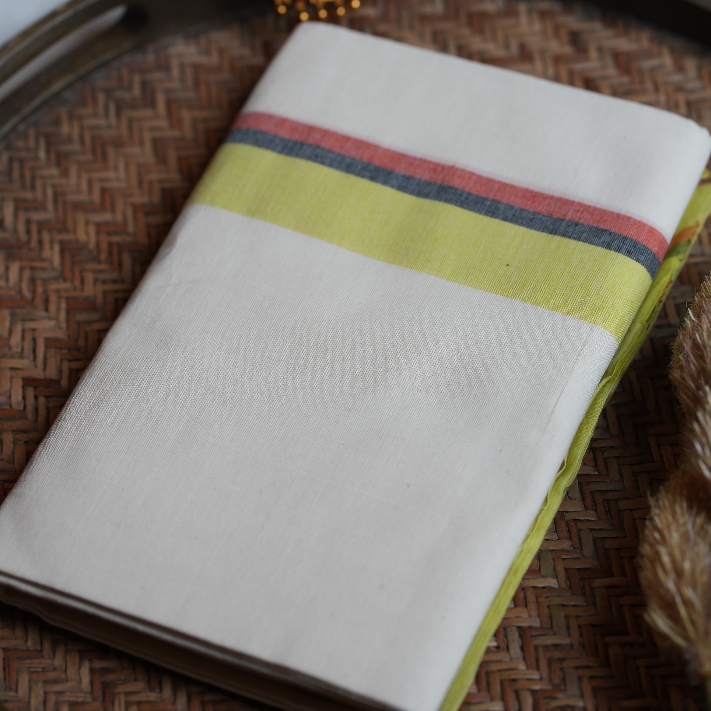 🍋 Lime Accent & Classic Stripes: The Cotton Kerala Set Mundu with Mulloth Design 🍋
