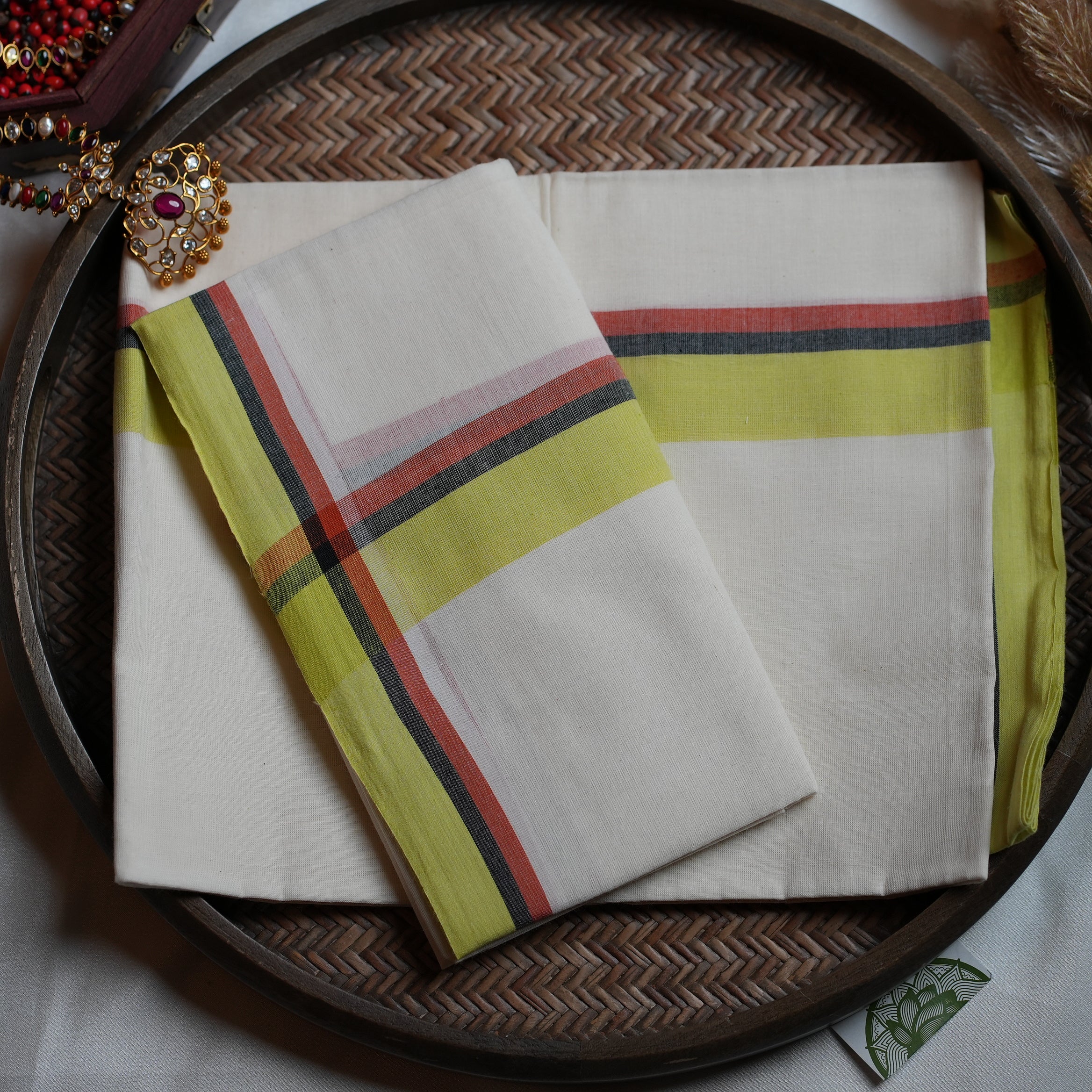 🍋 Lime Accent & Classic Stripes: The Cotton Kerala Set Mundu with Mulloth Design 🍋