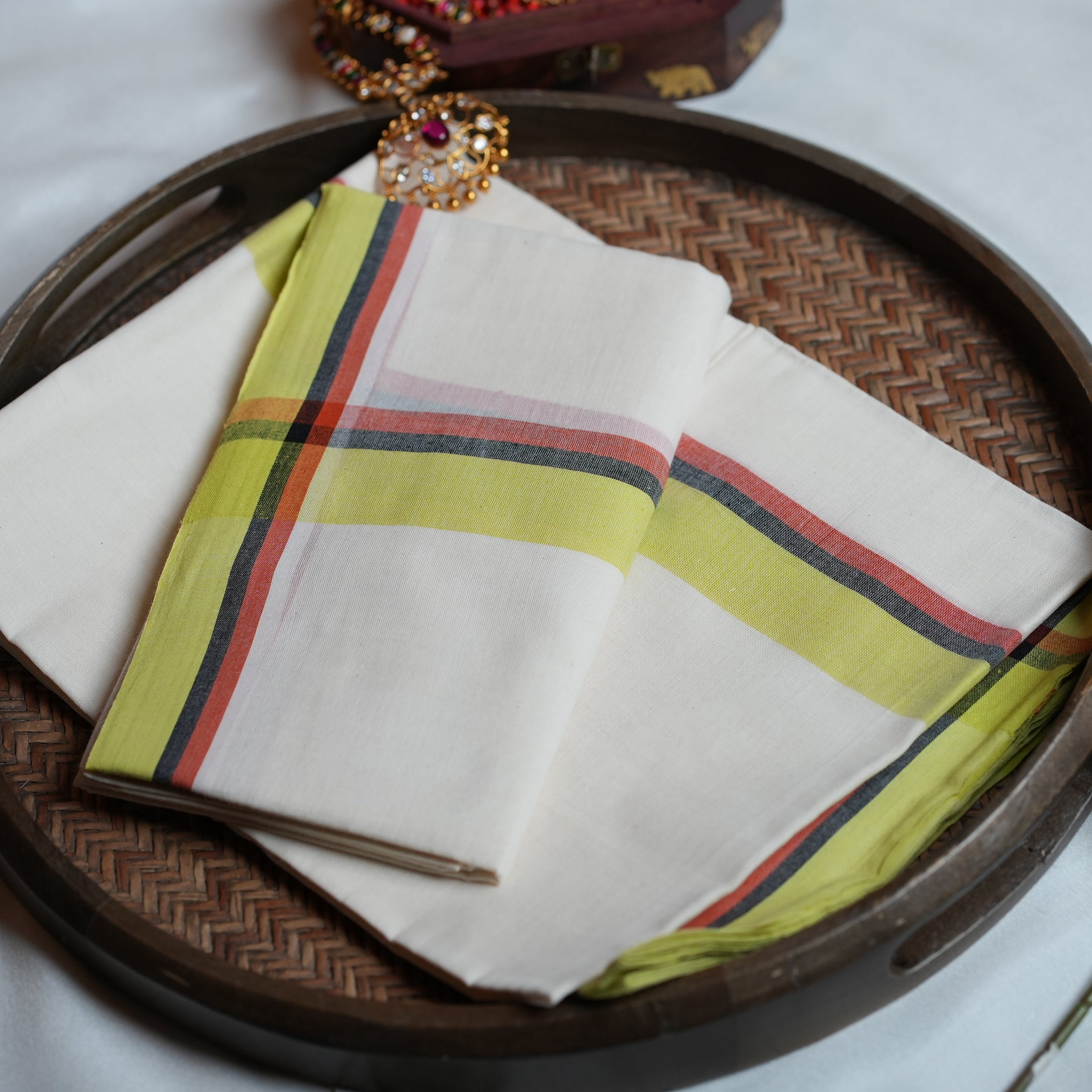 🍋 Lime Accent & Classic Stripes: The Cotton Kerala Set Mundu with Mulloth Design 🍋