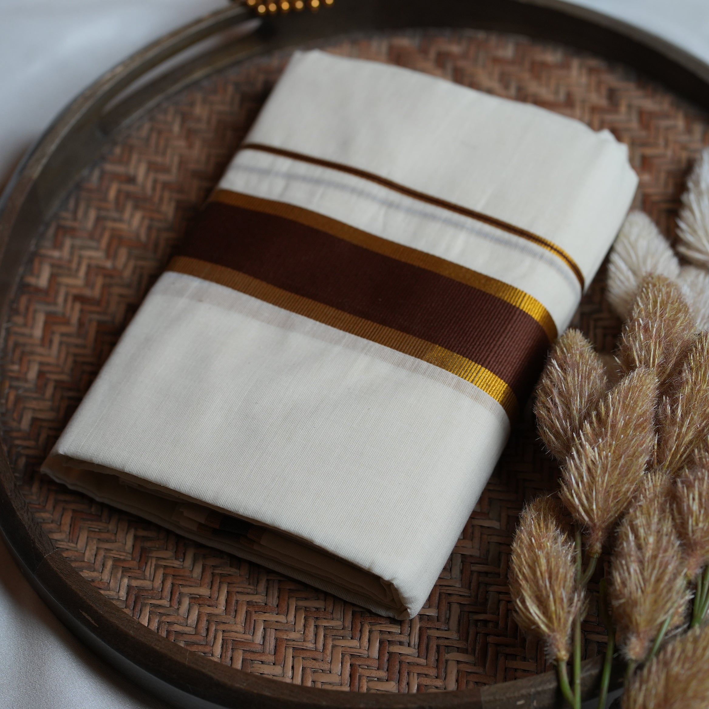 🌰 Rich Cocoa Brown & Sleek Gold Cotton Kerala Single Set Mundu ✨