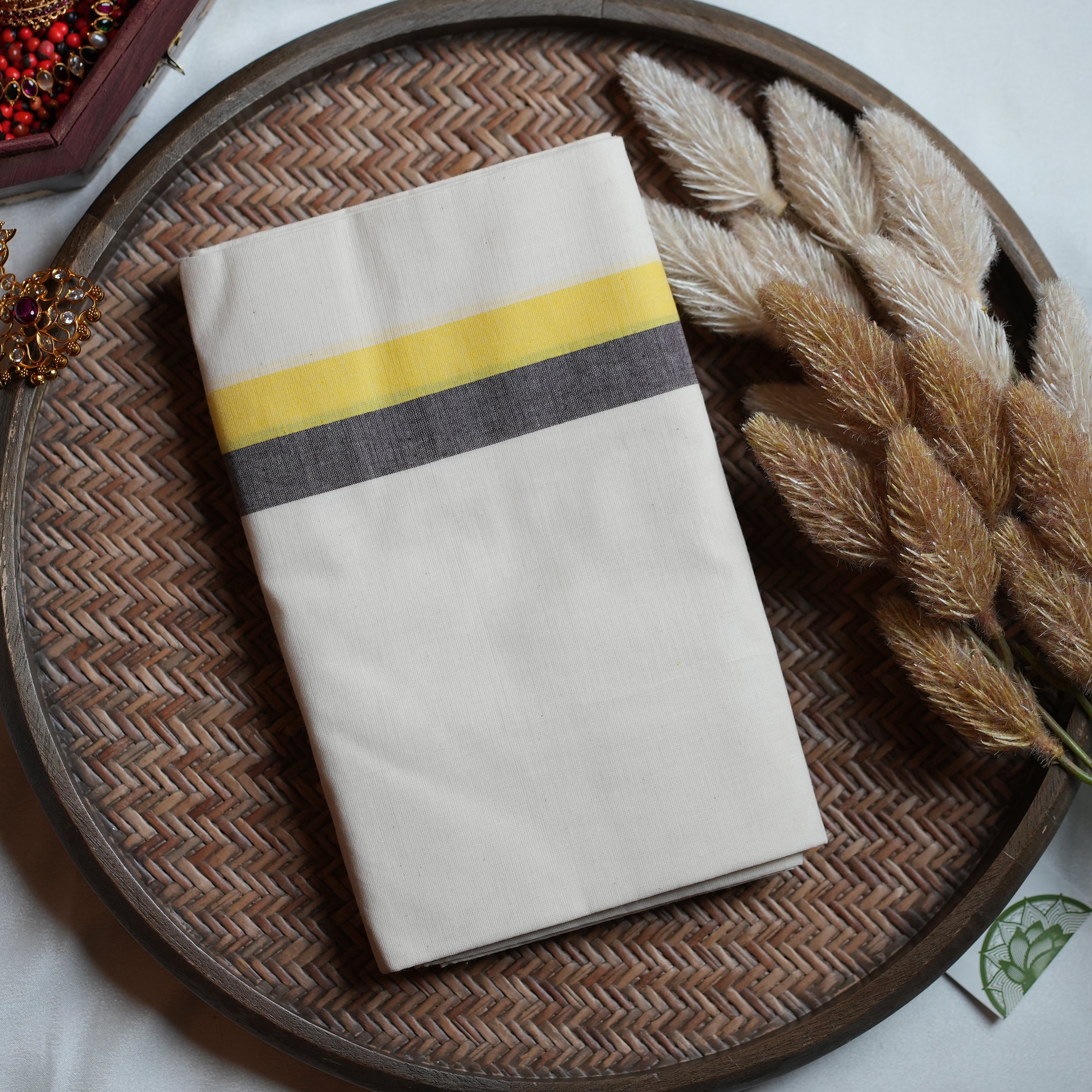 💛 Mustard Yellow & Charcoal Stripes: The Cotton Kerala Set Mundu with Mulloth Design 💛