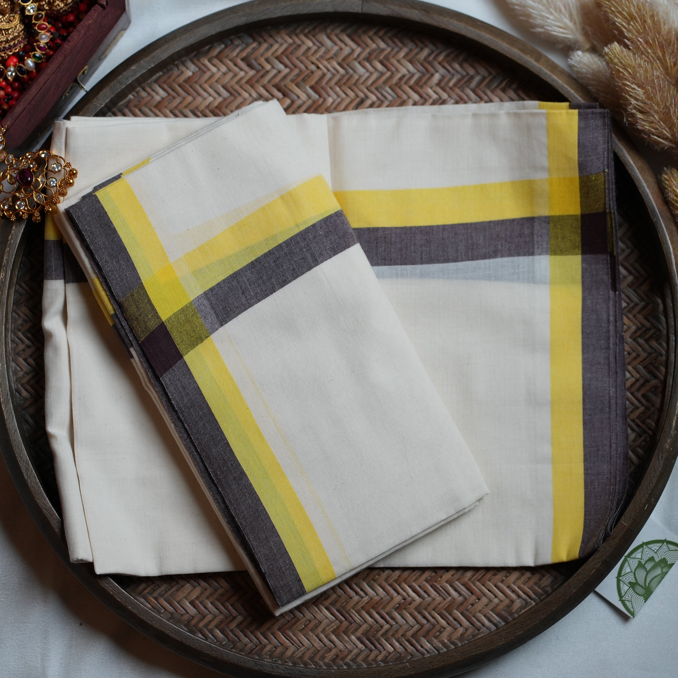 💛 Mustard Yellow & Charcoal Stripes: The Cotton Kerala Set Mundu with Mulloth Design 💛