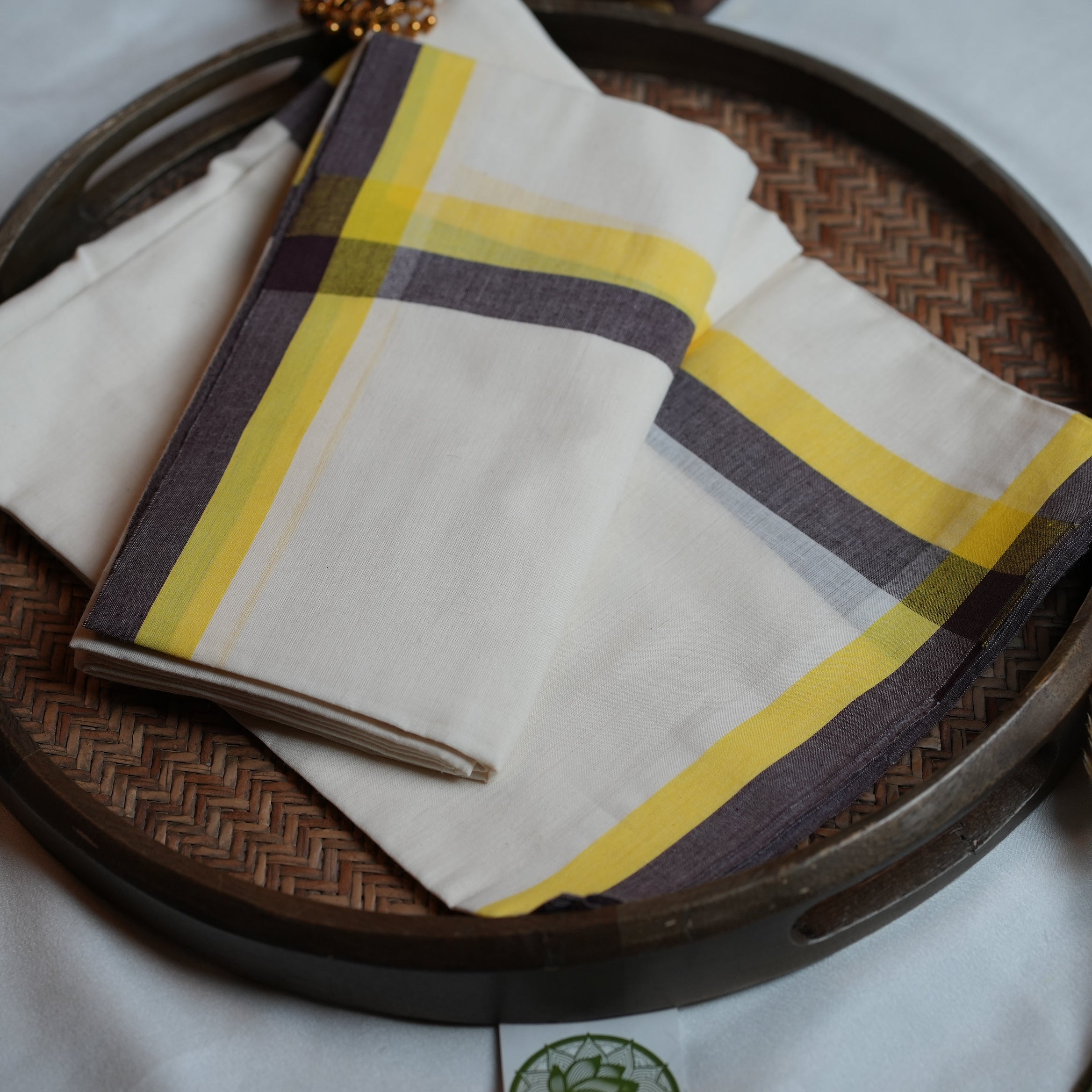 💛 Mustard Yellow & Charcoal Stripes: The Cotton Kerala Set Mundu with Mulloth Design 💛