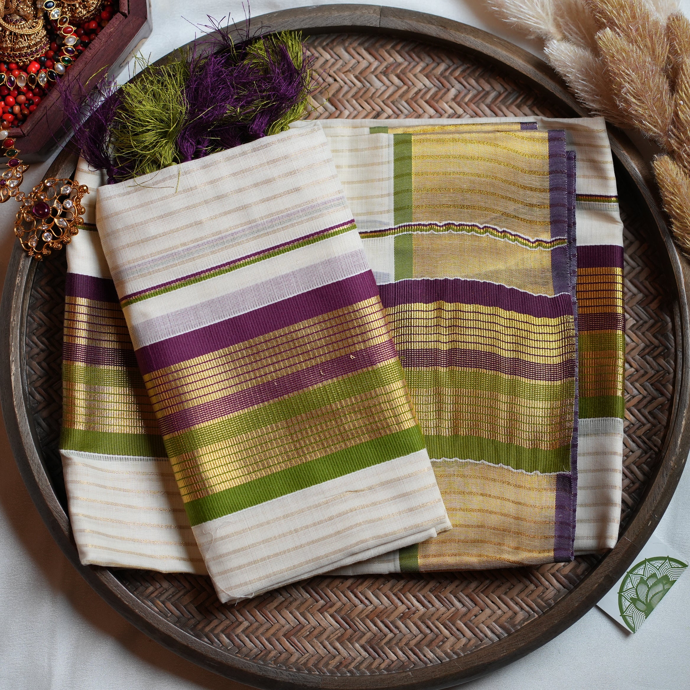 🍇 Royal Plum & Olive Green Stripes Cotton Kerala Single Set Mundu ✨
