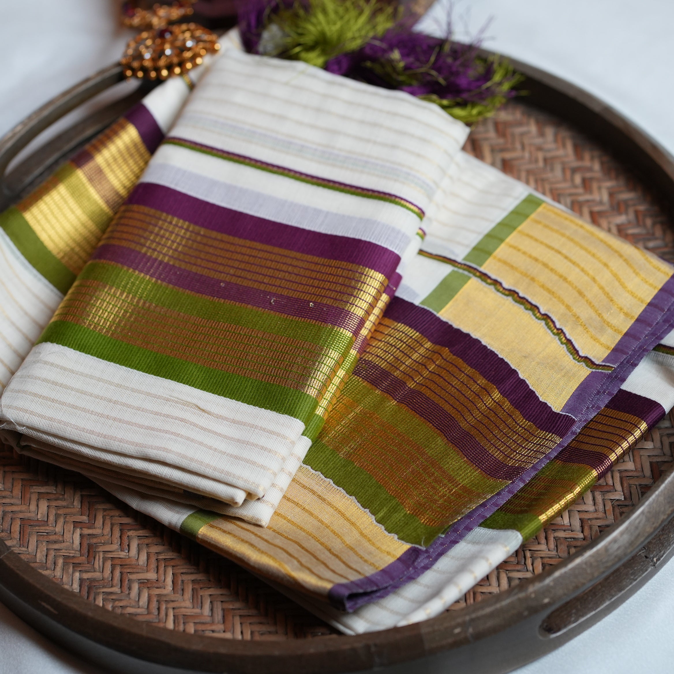 🍇 Royal Plum & Olive Green Stripes Cotton Kerala Single Set Mundu ✨