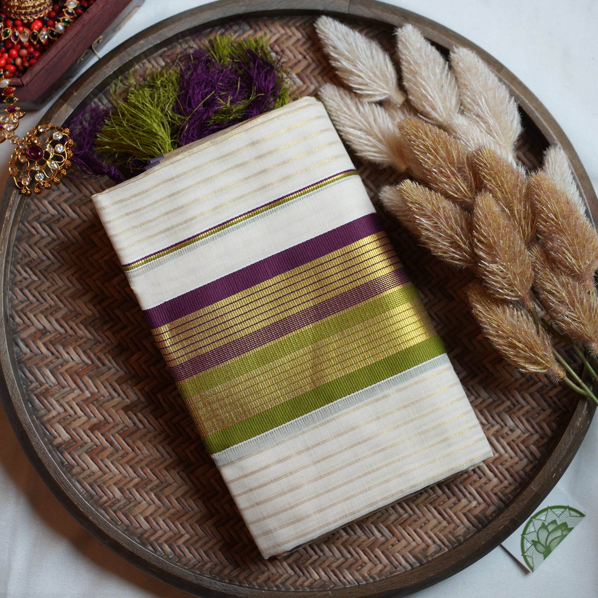 🍇 Royal Plum & Olive Green Stripes Cotton Kerala Single Set Mundu ✨