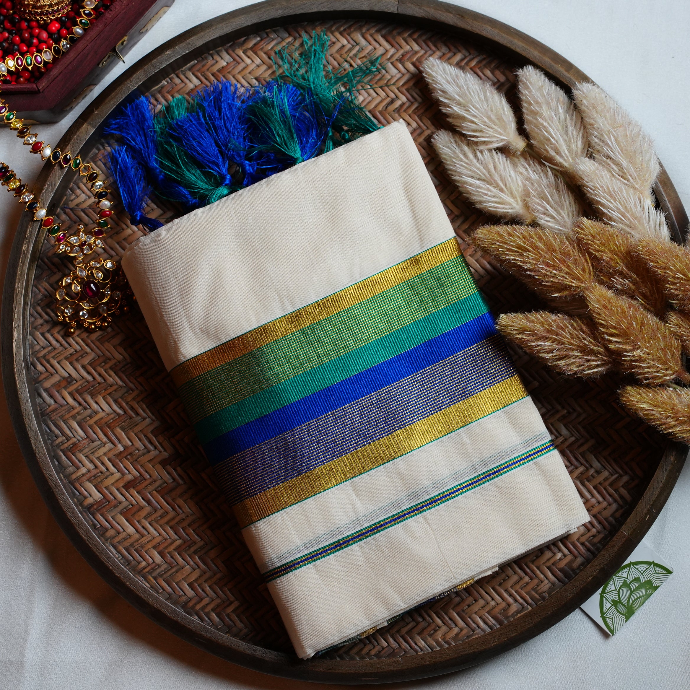 💙 Royal Blue & Sea Green Cotton Kerala Single Set Mundu 🌊