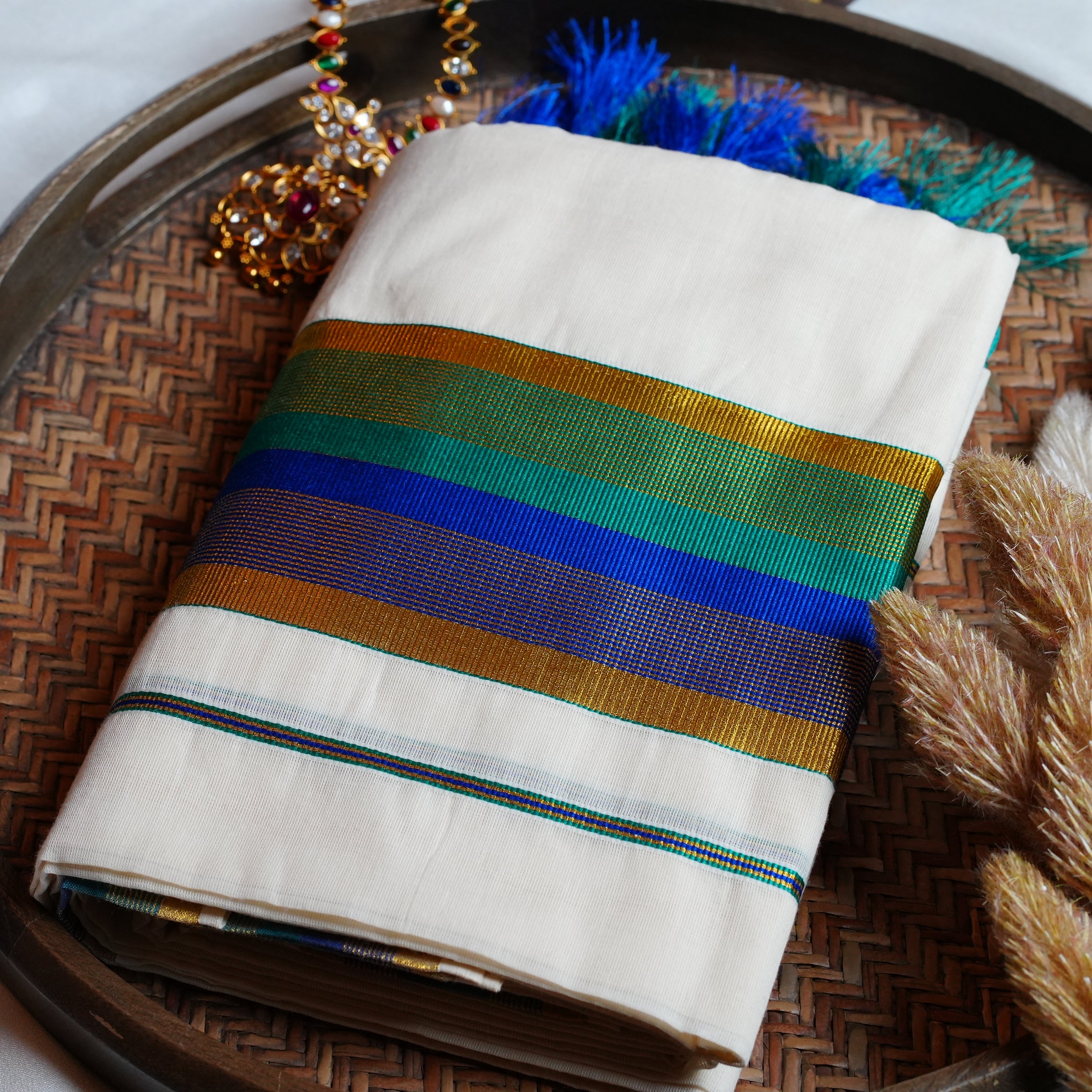 💙 Royal Blue & Sea Green Cotton Kerala Single Set Mundu 🌊