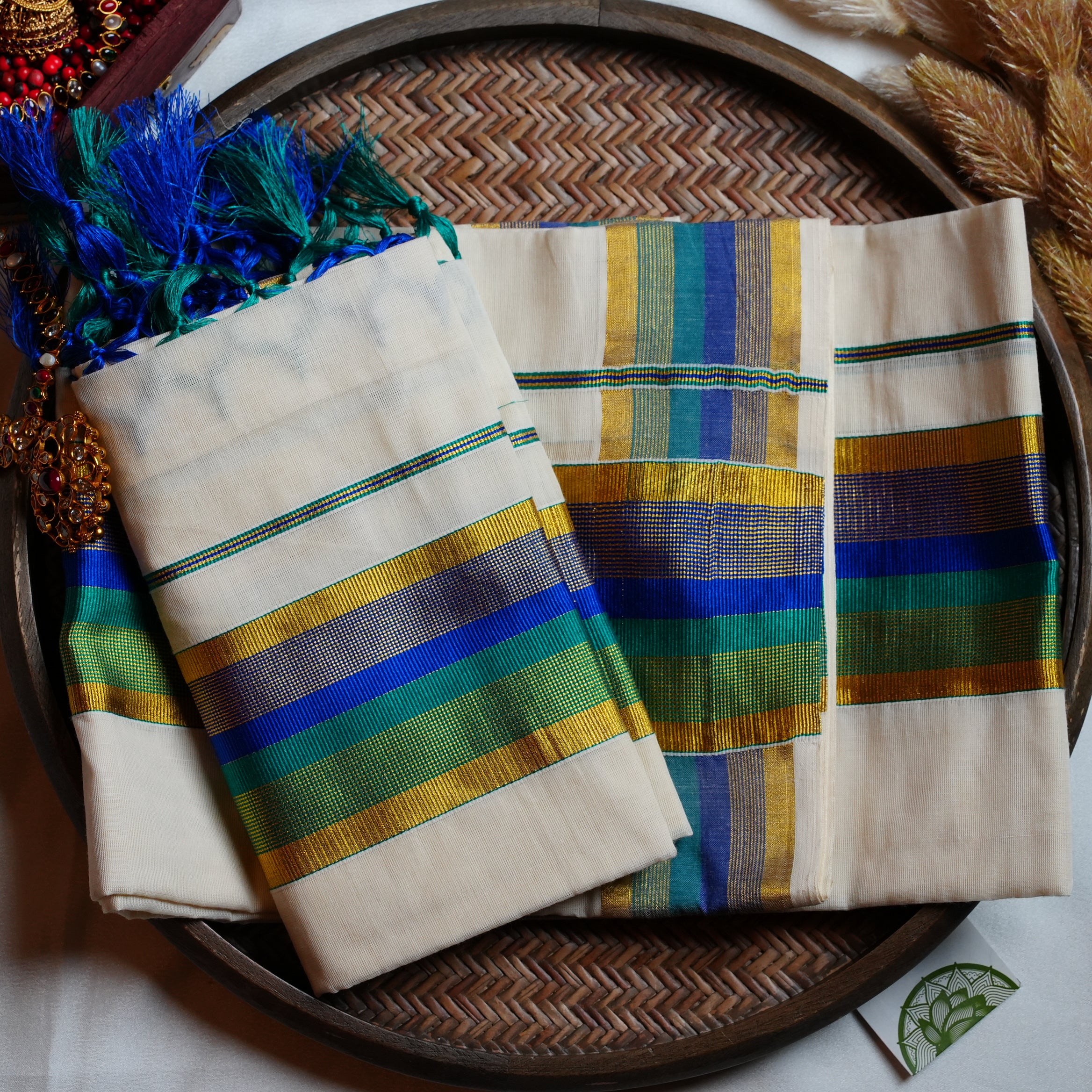 💙 Royal Blue & Sea Green Cotton Kerala Single Set Mundu 🌊