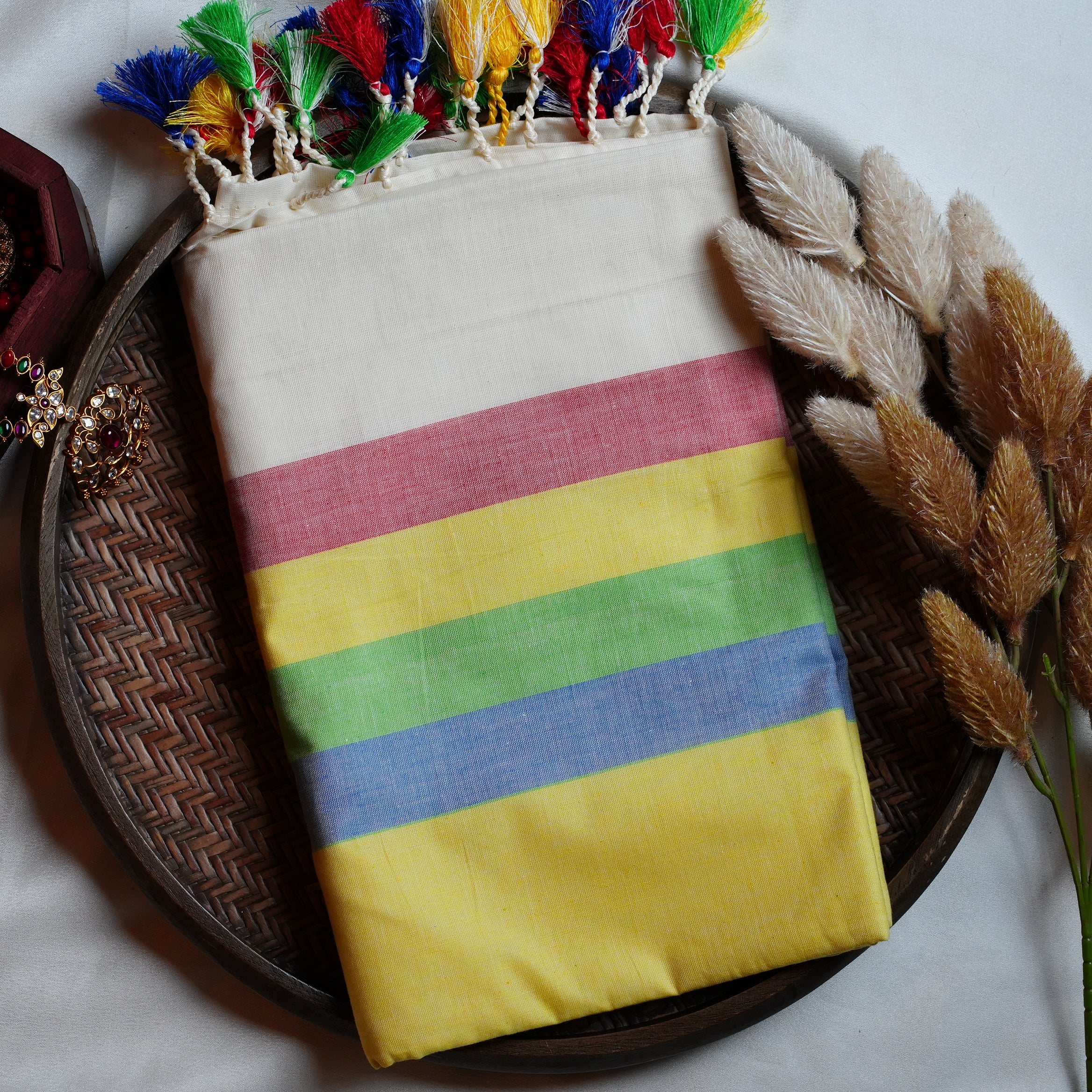 🌈 Rainbow Stripes & Playful Tassels: The Premium Mulcotton Kerala Saree 🌈