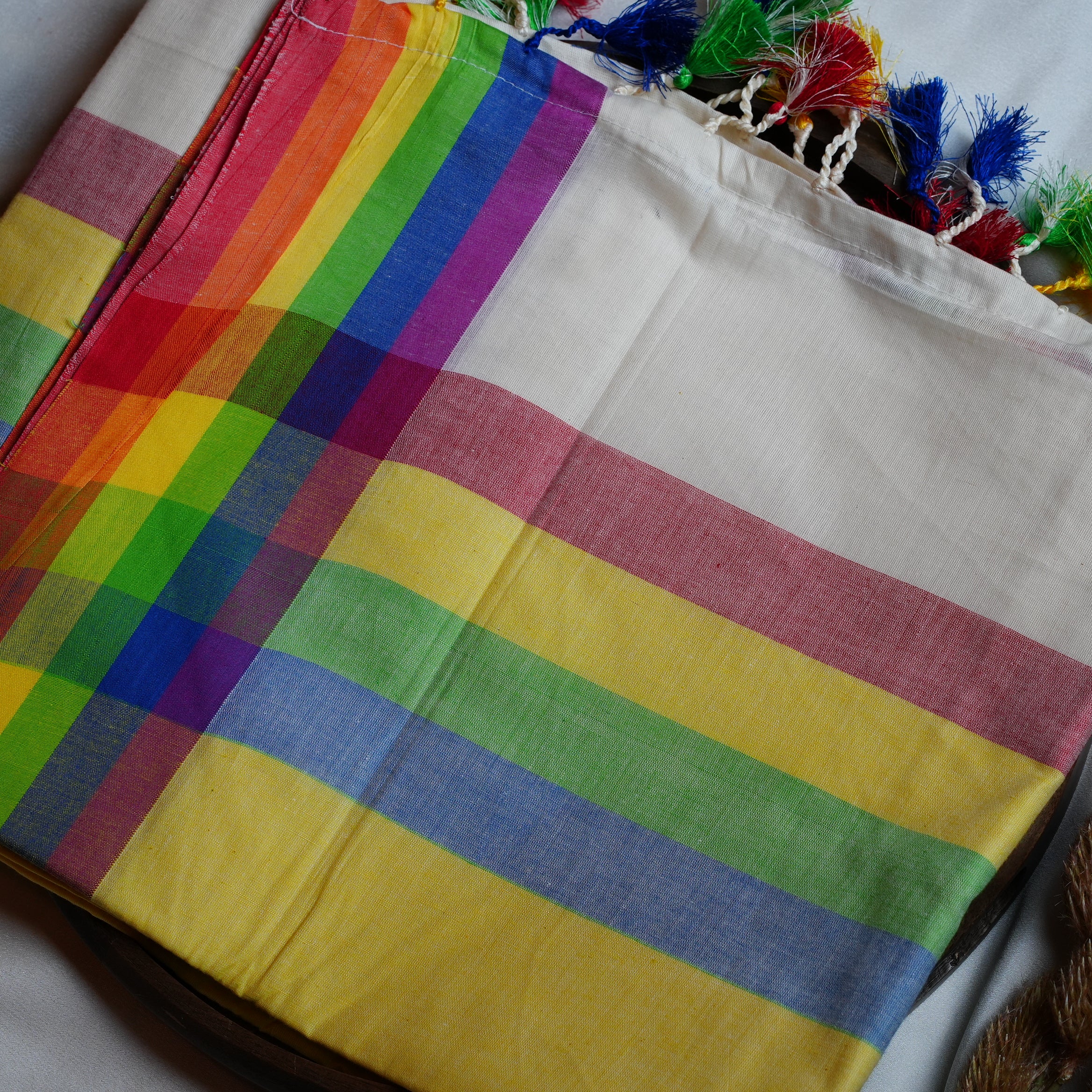 🌈 Rainbow Stripes & Playful Tassels: The Premium Mulcotton Kerala Saree 🌈