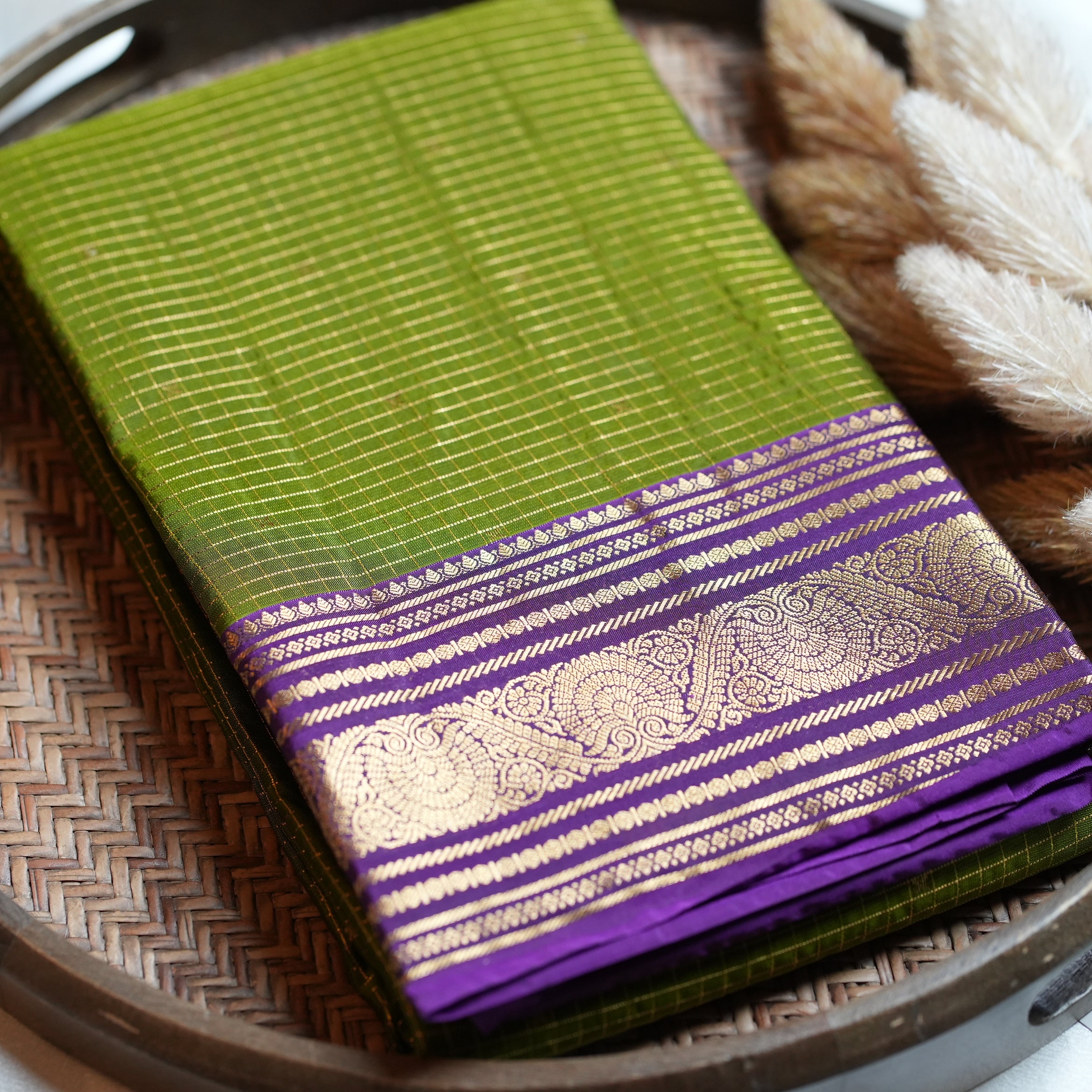 Olive Green Pure Kancheepuram Silk Saree with Purple Zari Border