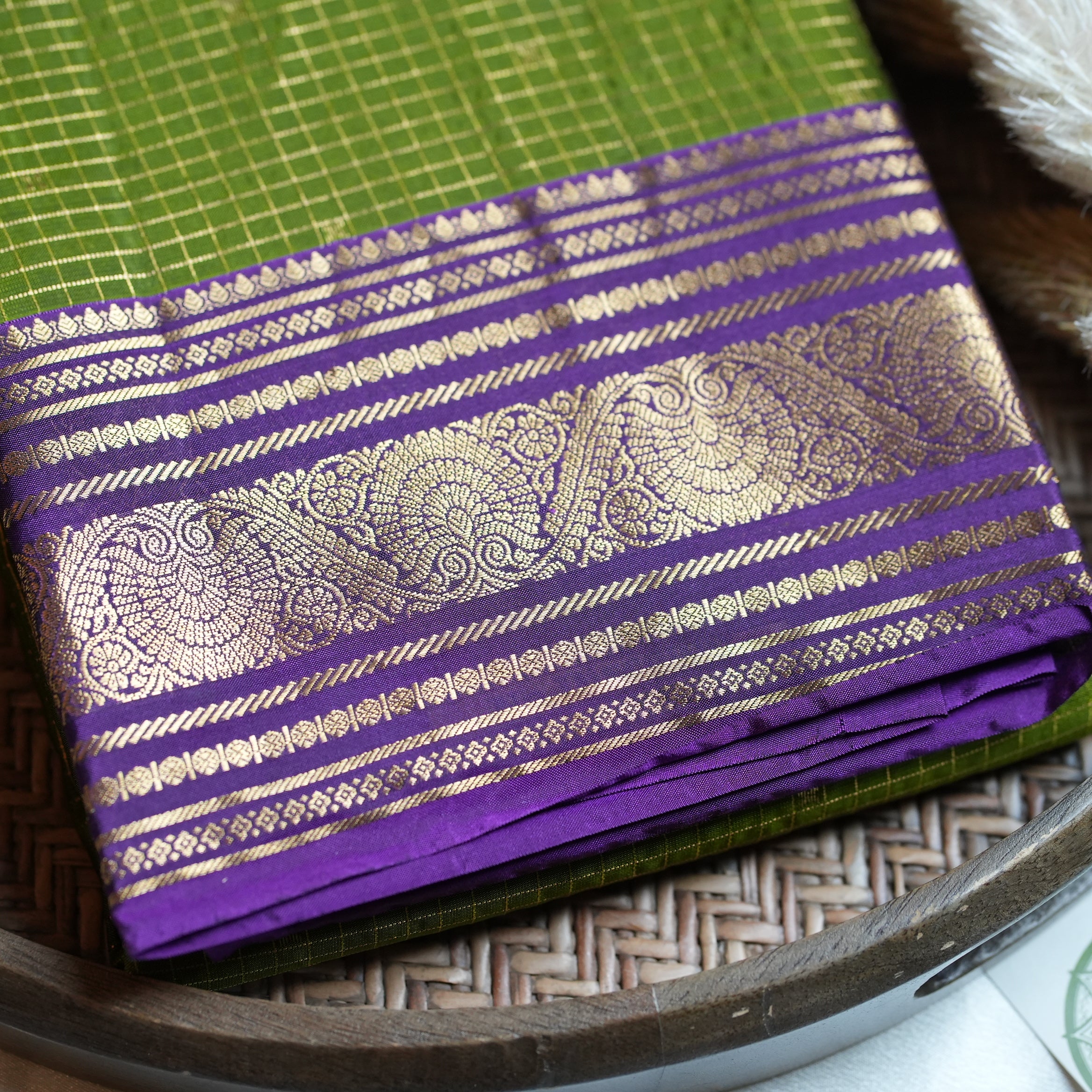 Olive Green Pure Kancheepuram Silk Saree with Purple Zari Border