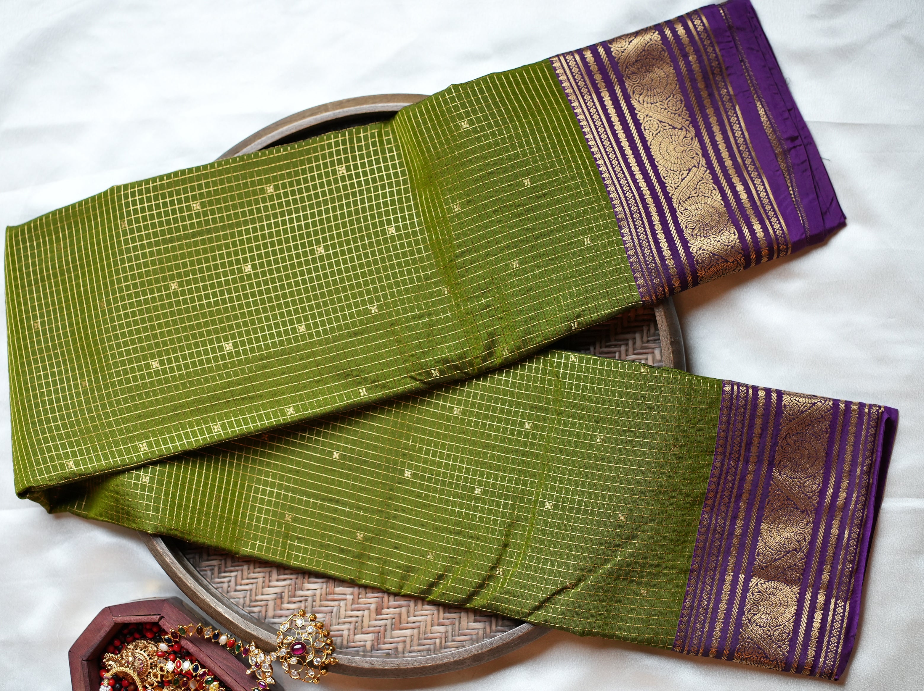 Olive Green Pure Kancheepuram Silk Saree with Purple Zari Border