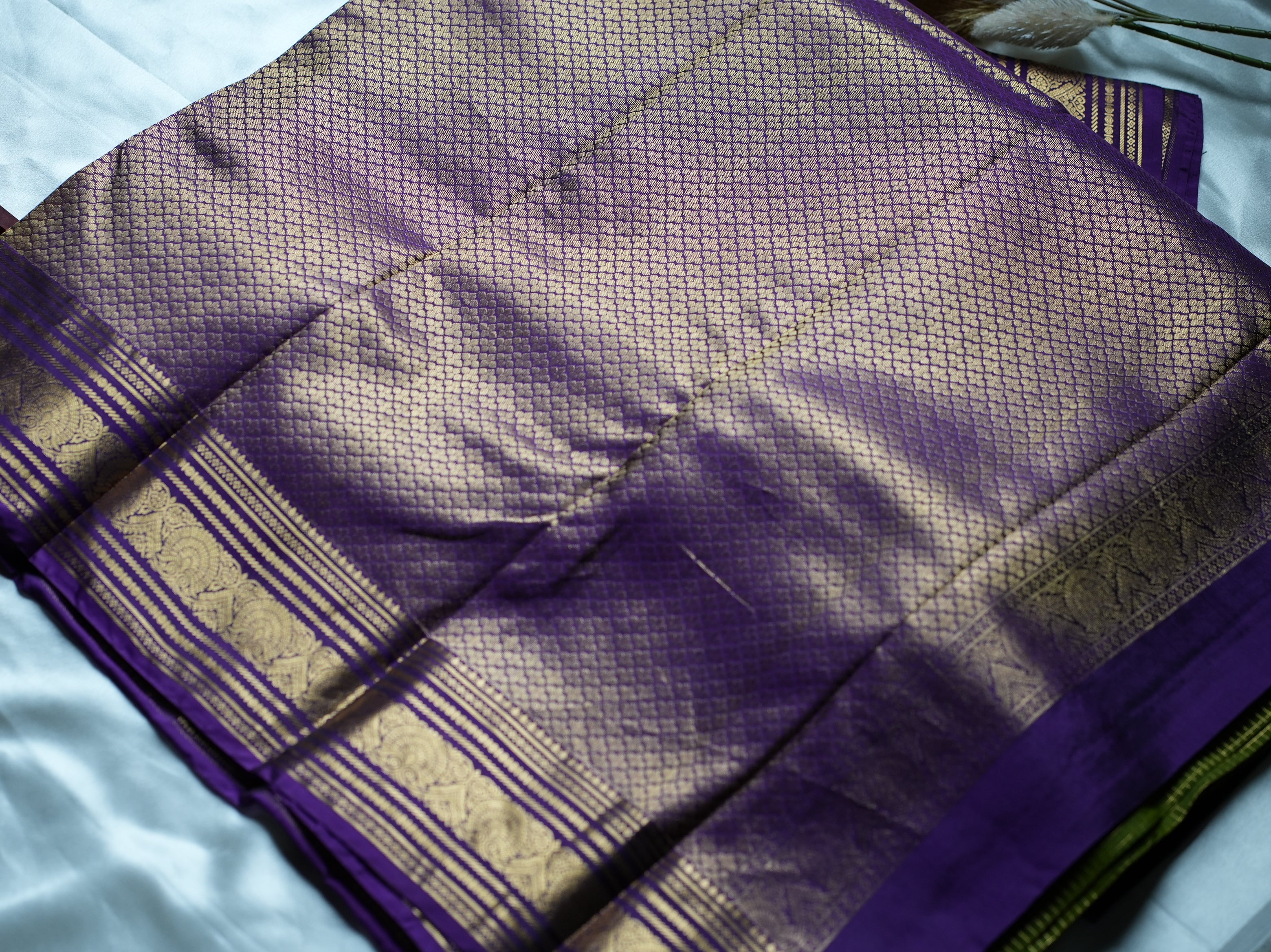 Olive Green Pure Kancheepuram Silk Saree with Purple Zari Border