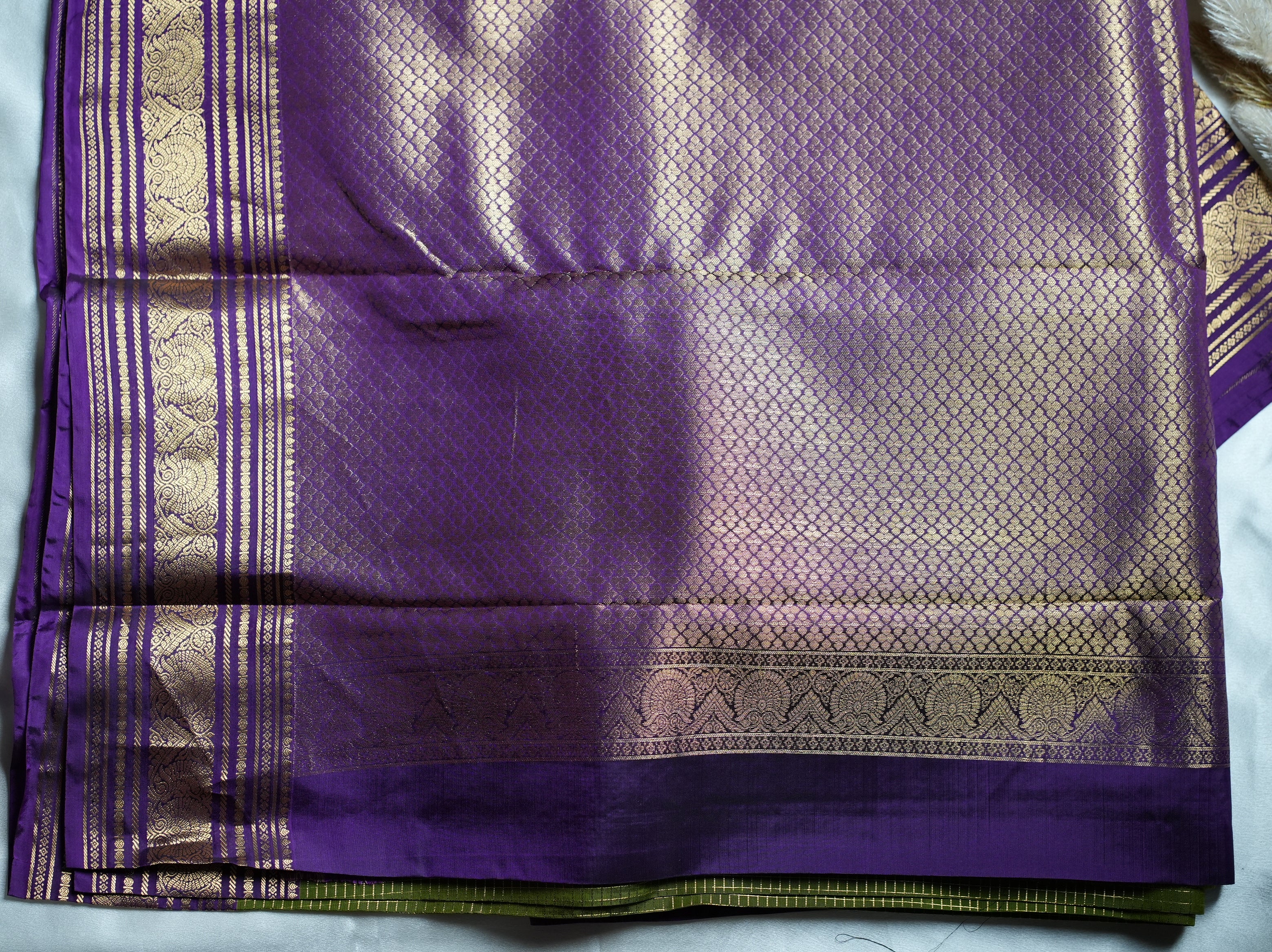 Olive Green Pure Kancheepuram Silk Saree with Purple Zari Border