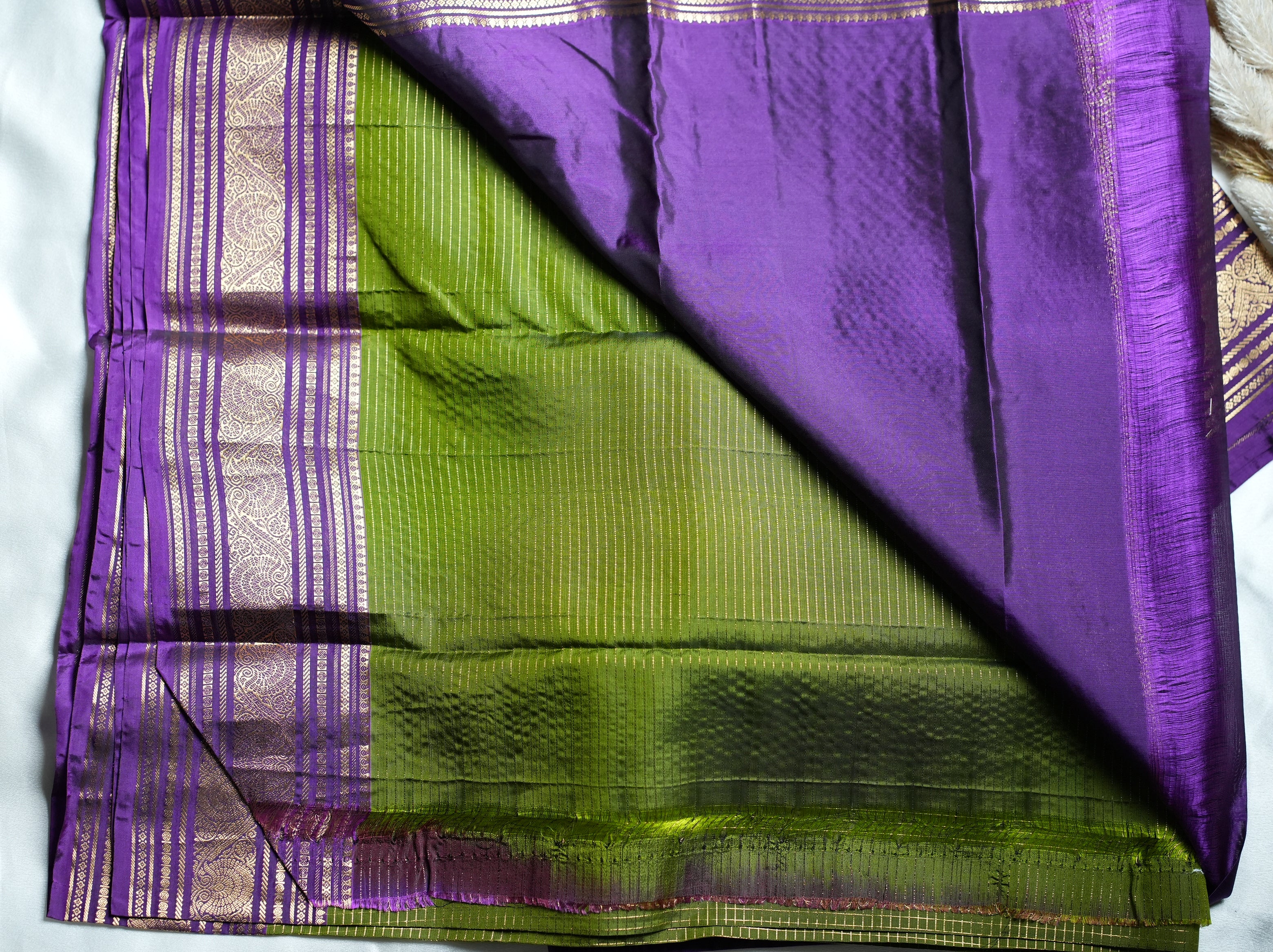 Olive Green Pure Kancheepuram Silk Saree with Purple Zari Border