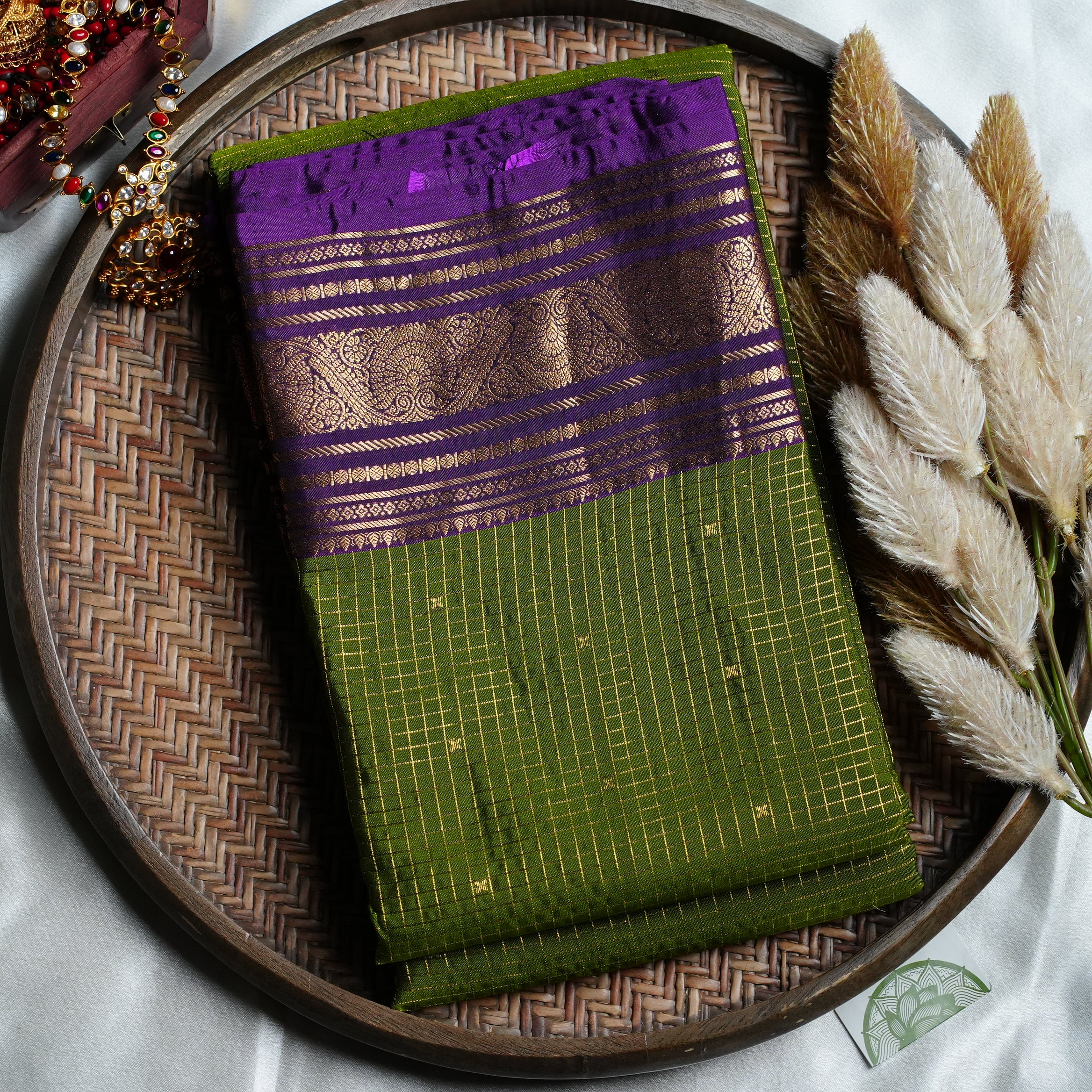 Olive Green Pure Kancheepuram Silk Saree with Purple Zari Border