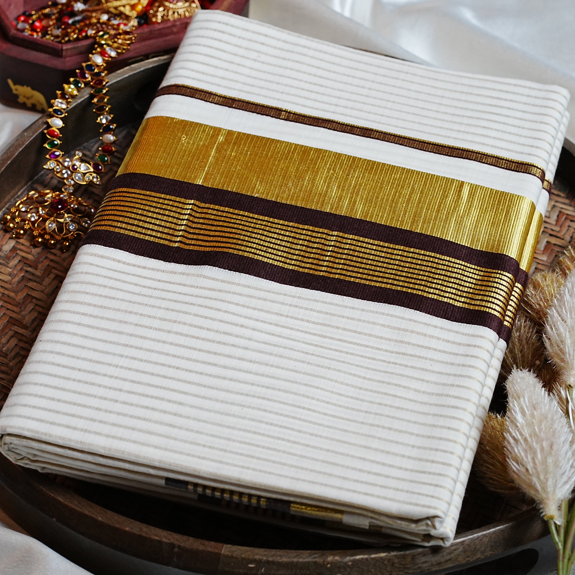 🤎 Elegant Coffee Brown & Shimmering Gold Pinstripes: The Premium Cotton Kerala Set Saree 🤎