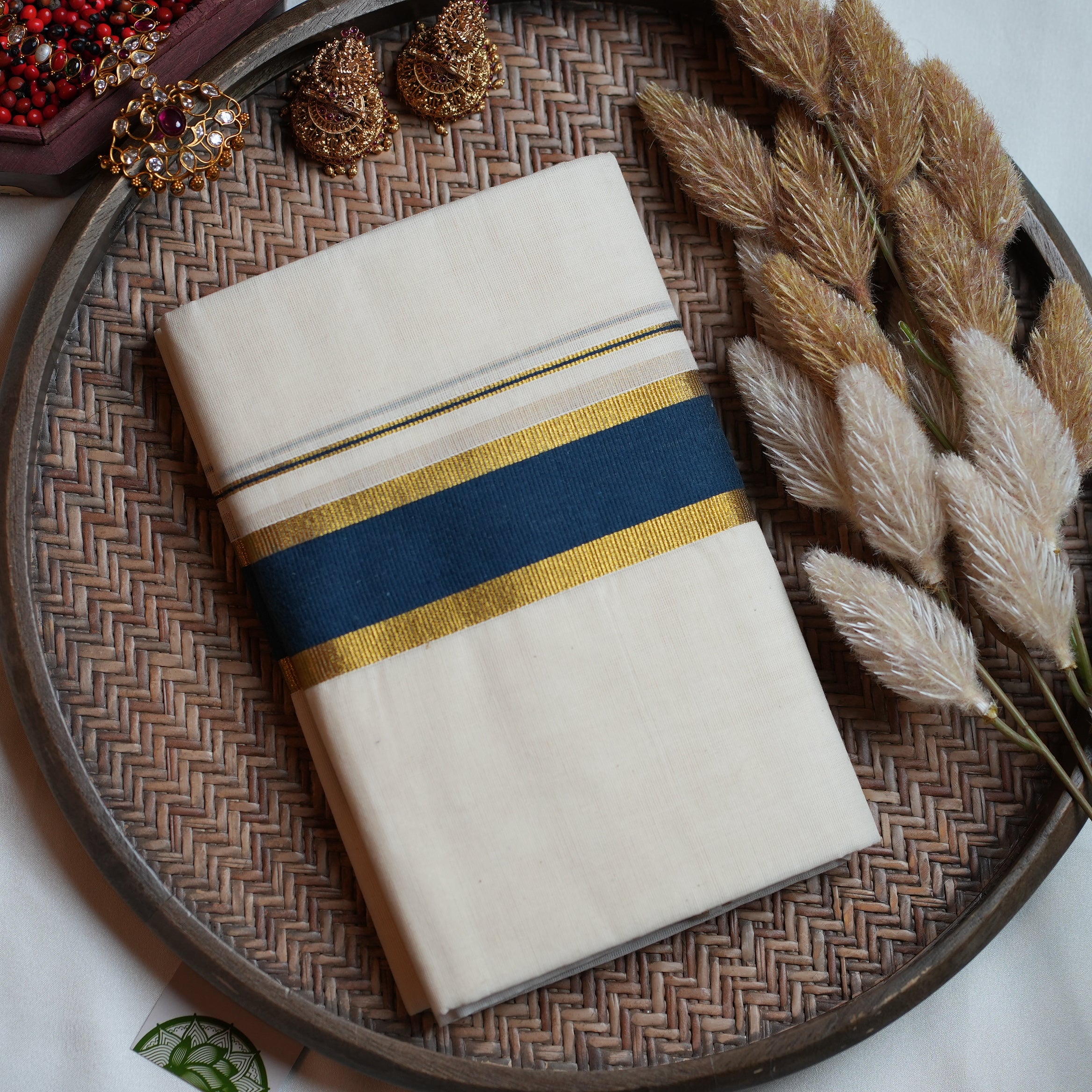 🌊 Royal Indigo & Shimmering Gold Cotton Kerala Single Set Mundu ✨