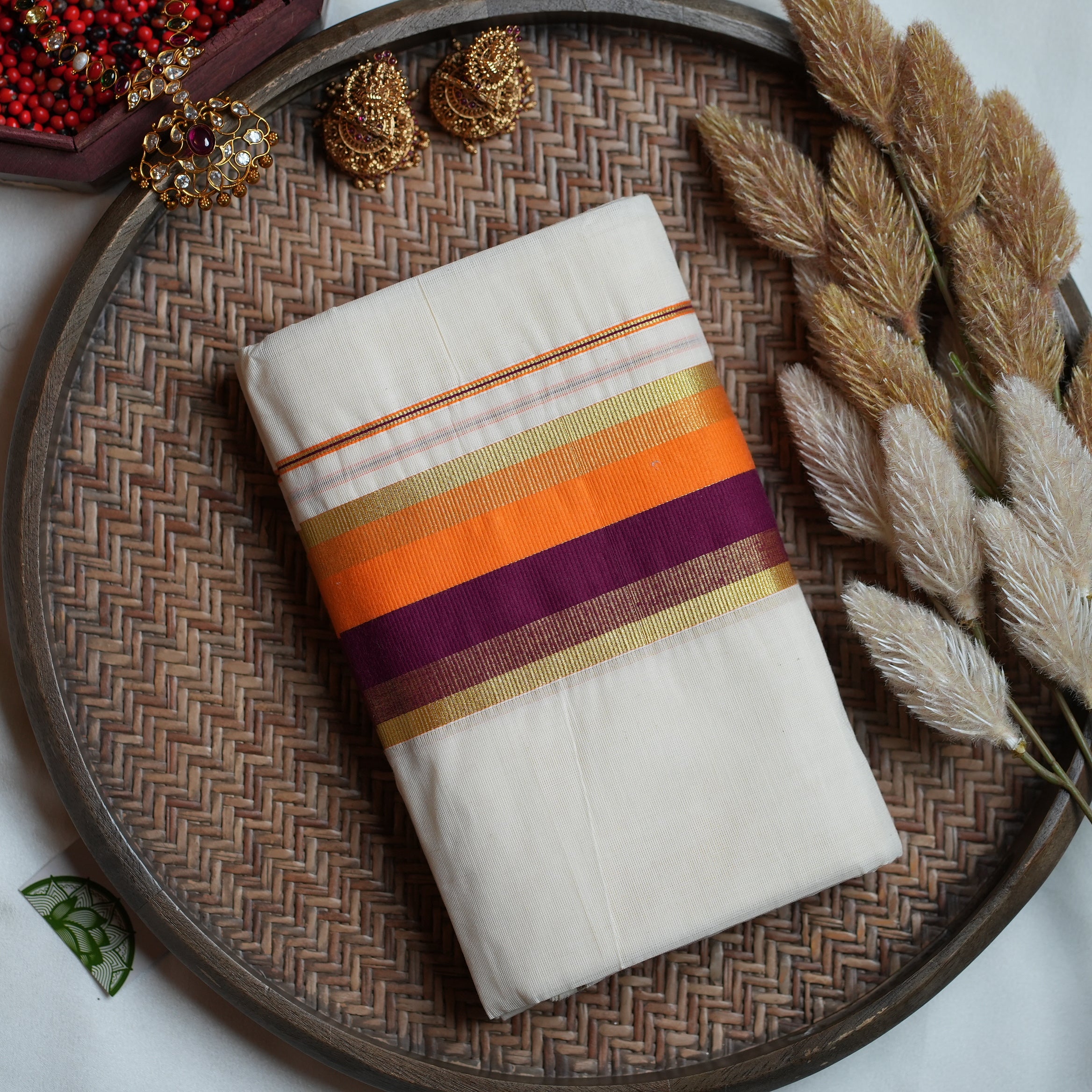 🍊 Vibrant Sunset Orange & Plum Cotton Kerala Single Set Mundu ✨