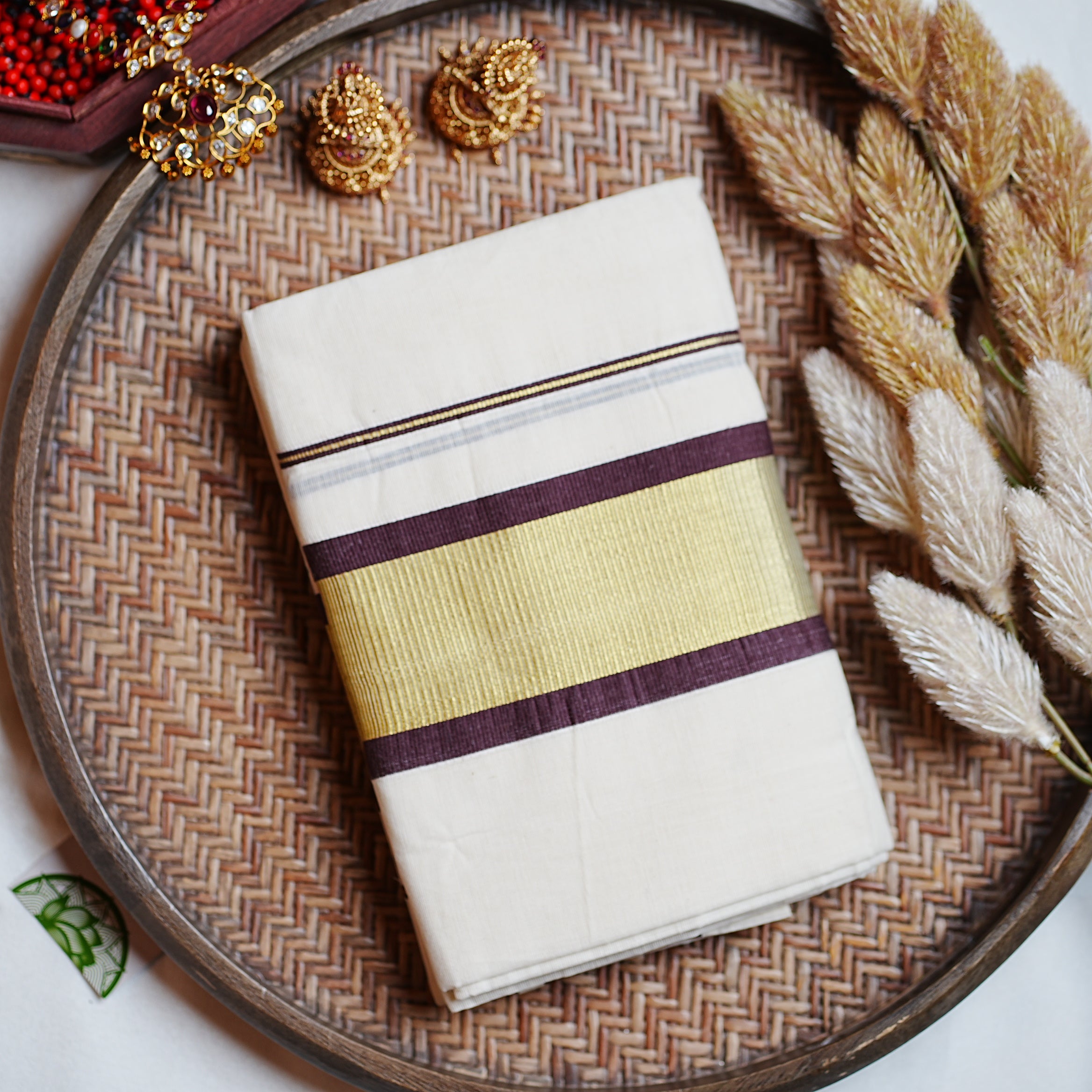 🍫 Deep Coffee & Shimmering Gold Cotton Kerala Single Set Mundu ✨