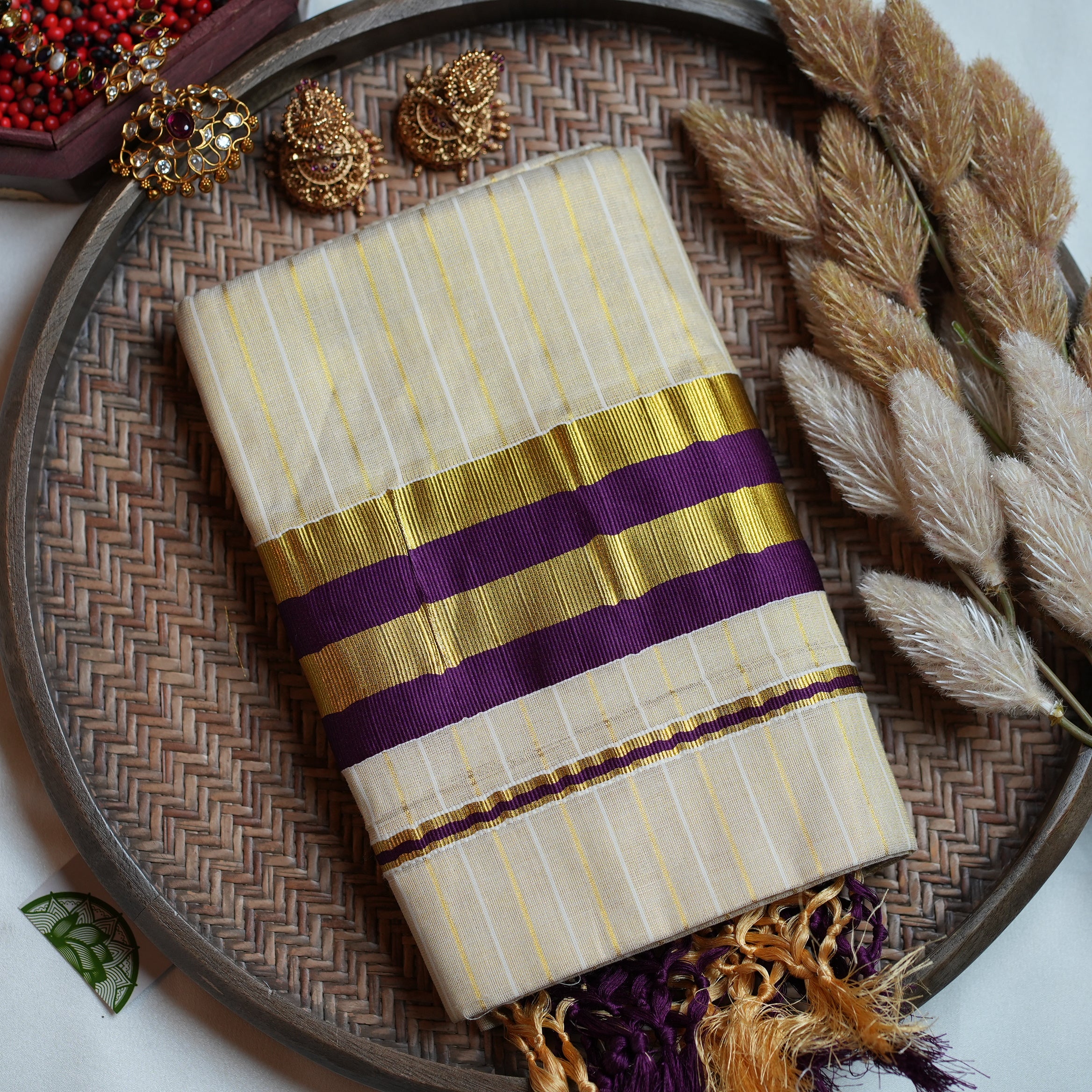 💜 Regal Plum & Shimmering Gold Tissue Kerala Single Set Mundu ✨