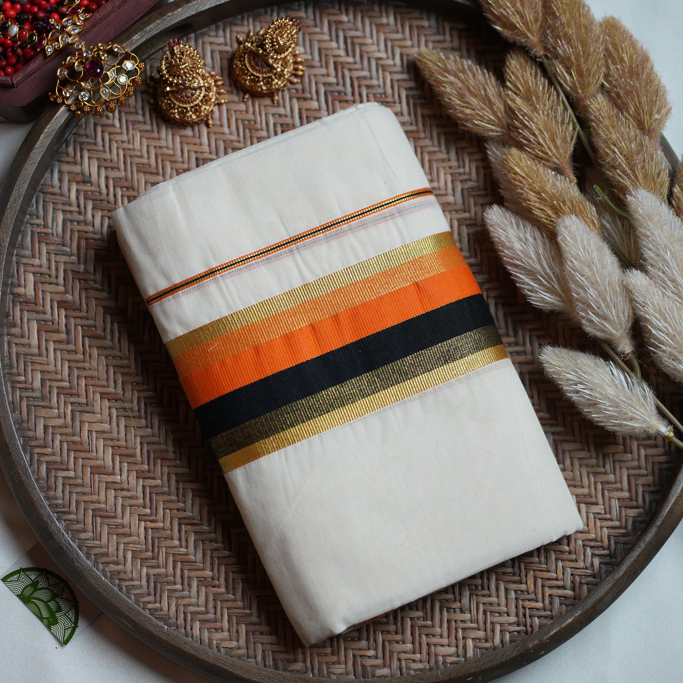 🍊 Vibrant Orange, Jet Black & Rich Gold Cotton Kerala Single Set Mundu 🖤