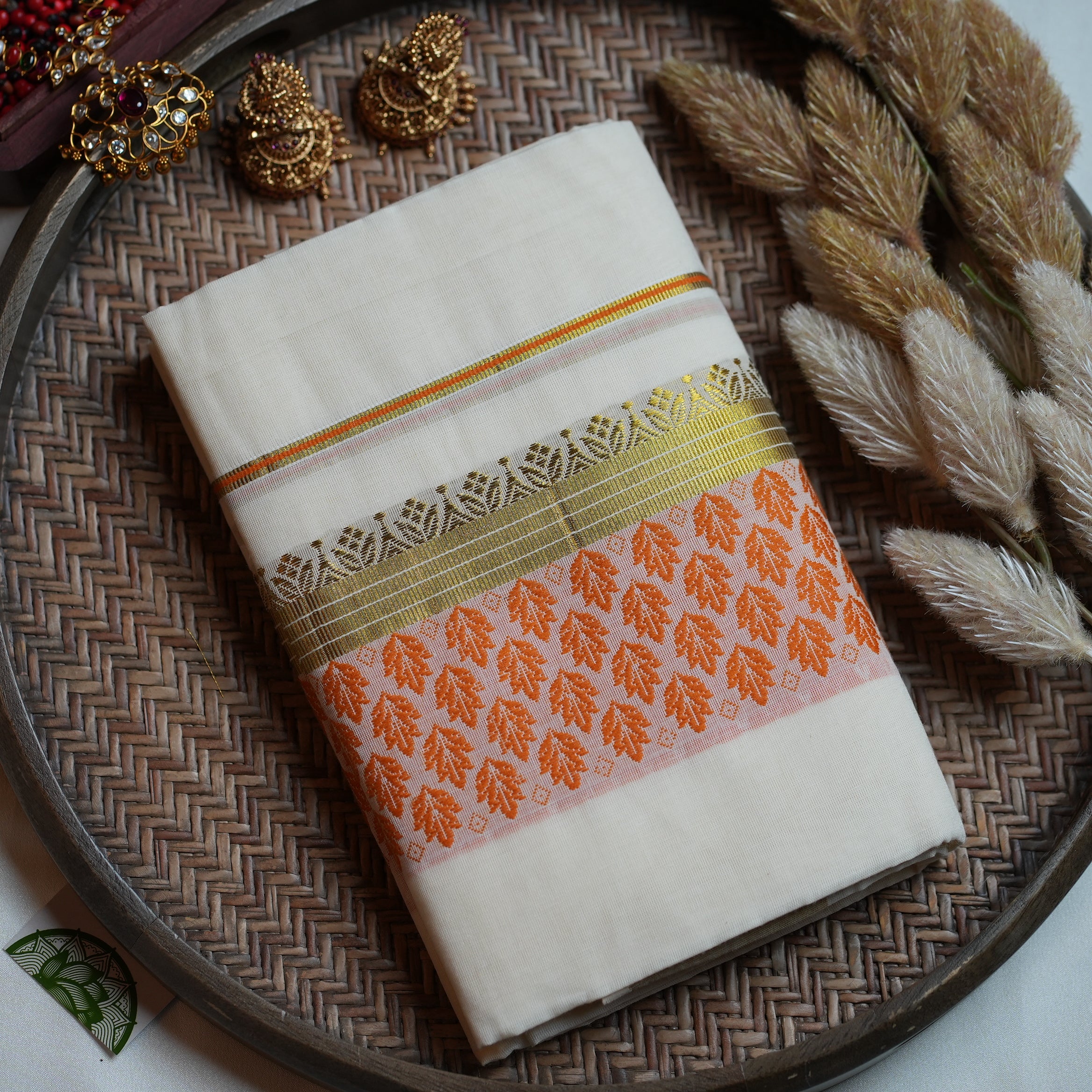 🍂 Golden Zari & Vibrant Orange Leaf Weaves Single Cotton Kerala Set Mundu ☀️