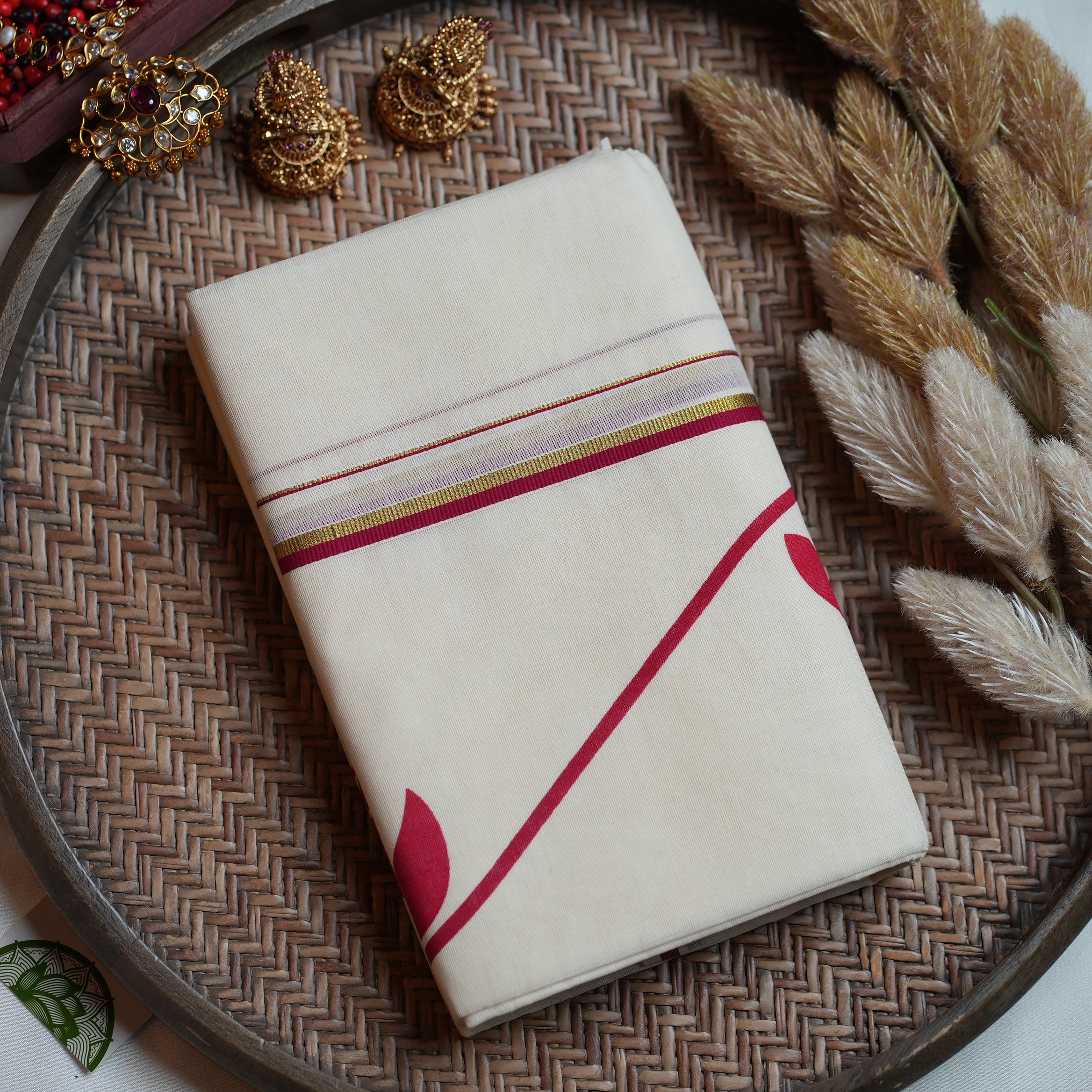 🌹 Crimson Rose & Elegant Border Cotton Kerala Set Mundu 🌹