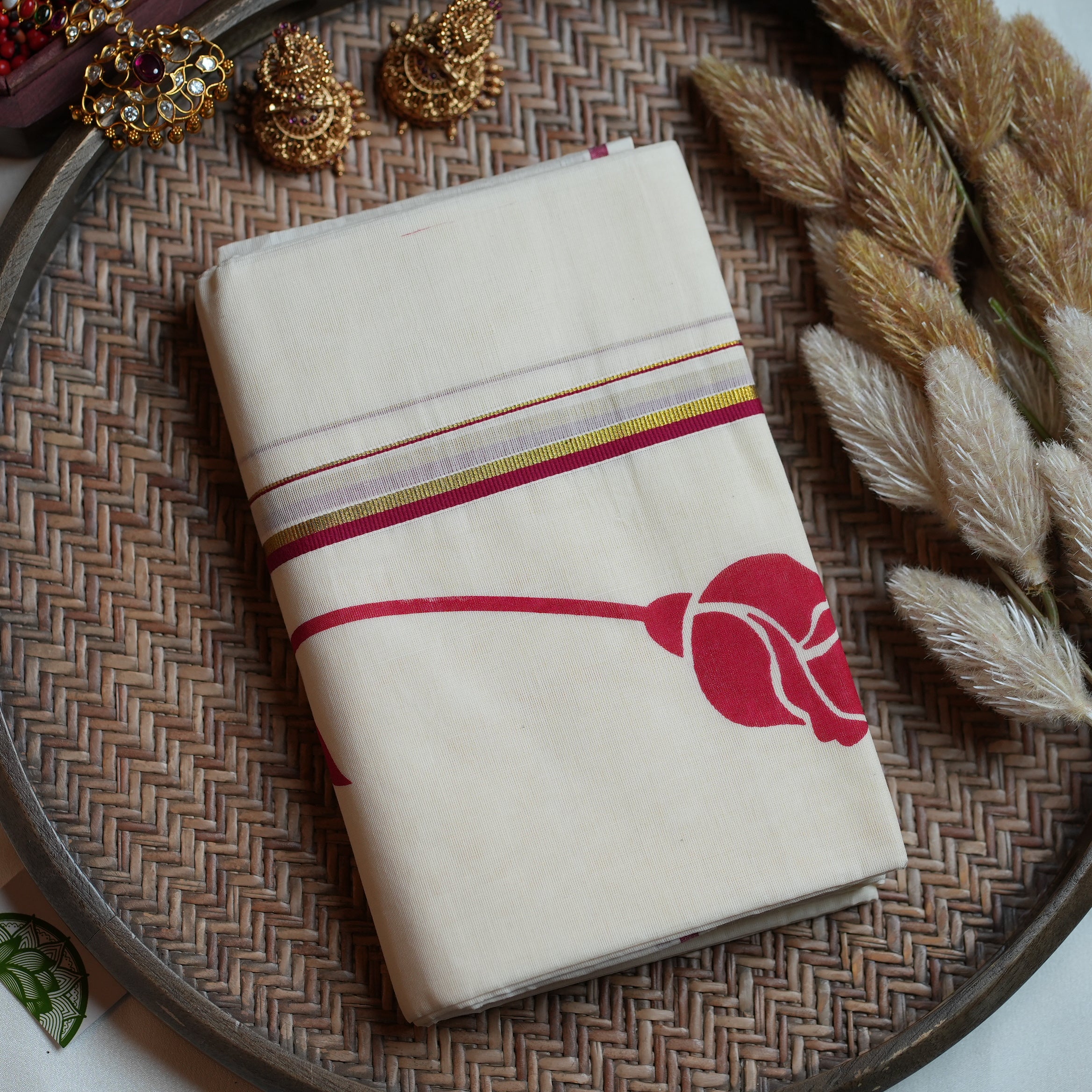 🌹 Crimson Rose & Elegant Border Cotton Kerala Set Mundu 🌹